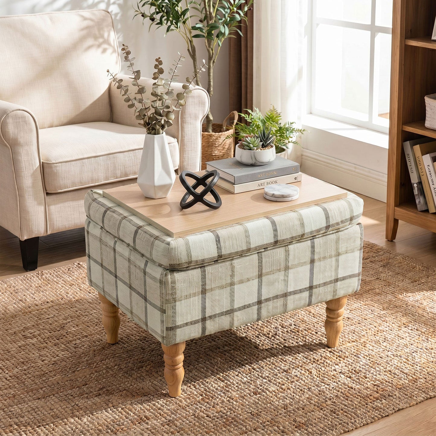 Rectangular Storage Stool, Linen-Look Fabric Upholstered Footstool with Removable Top, Padded Seat and Hidden Space for Living Room, Bedroom, Brown