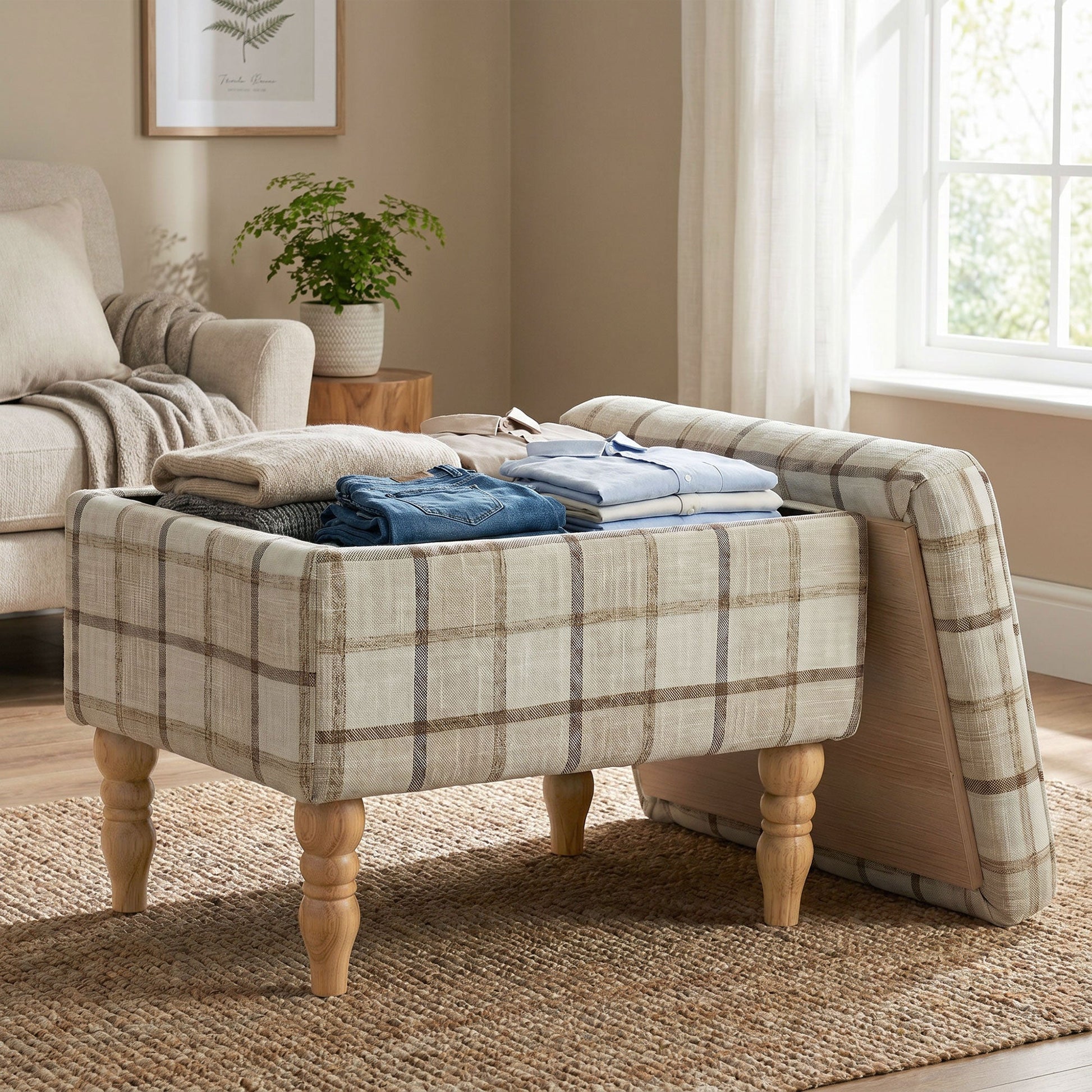 Rectangular Storage Stool, Linen-Look Fabric Upholstered Footstool with Removable Top, Padded Seat and Hidden Space for Living Room, Bedroom, Brown