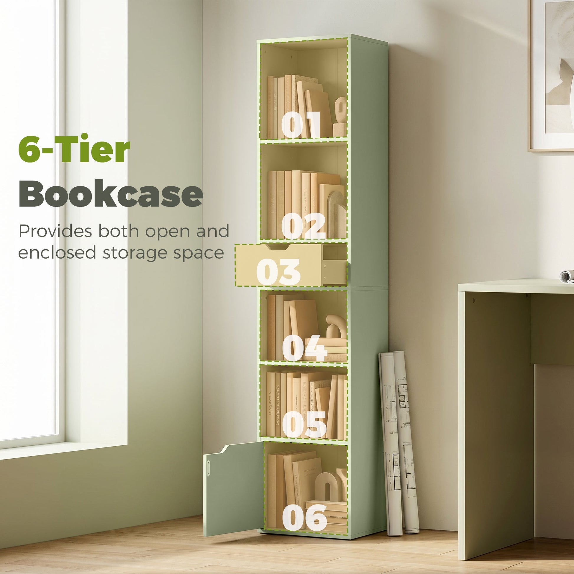 6-Tier Bookcase, Tall Narrow Bookshelf with Drawer, Door, Adjustable Shelf, Modern Display Standing Shelving Unit for Living Room, Home Office, Bedroom, 30 x 24 x 158 cm, Green