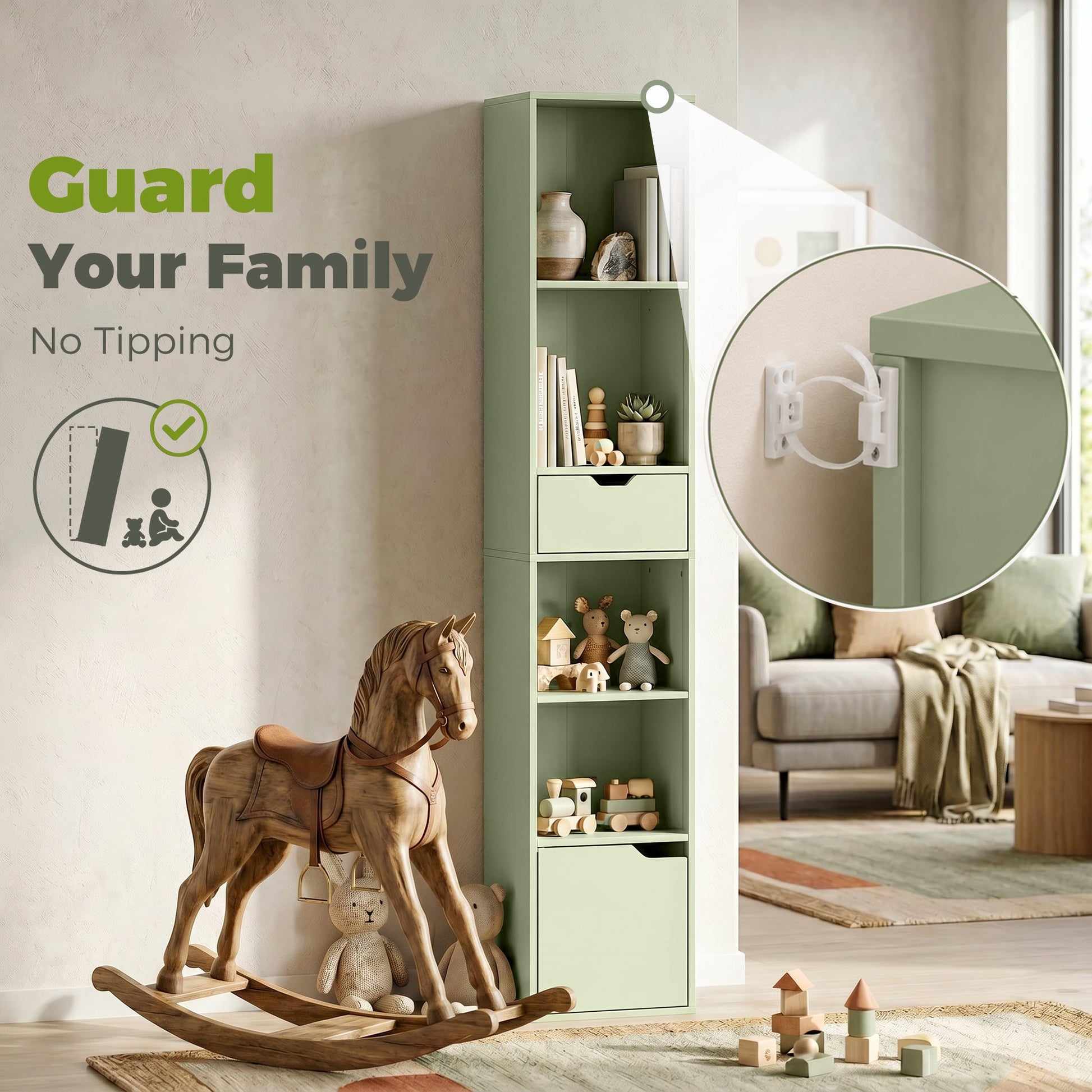 6-Tier Bookcase, Tall Narrow Bookshelf with Drawer, Door, Adjustable Shelf, Modern Display Standing Shelving Unit for Living Room, Home Office, Bedroom, 30 x 24 x 158 cm, Green