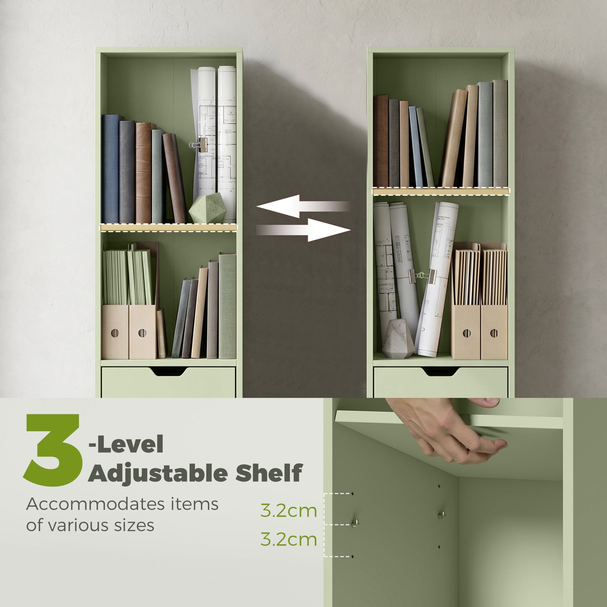 6-Tier Bookcase, Tall Narrow Bookshelf with Drawer, Door, Adjustable Shelf, Modern Display Standing Shelving Unit for Living Room, Home Office, Bedroom, 30 x 24 x 158 cm, Green