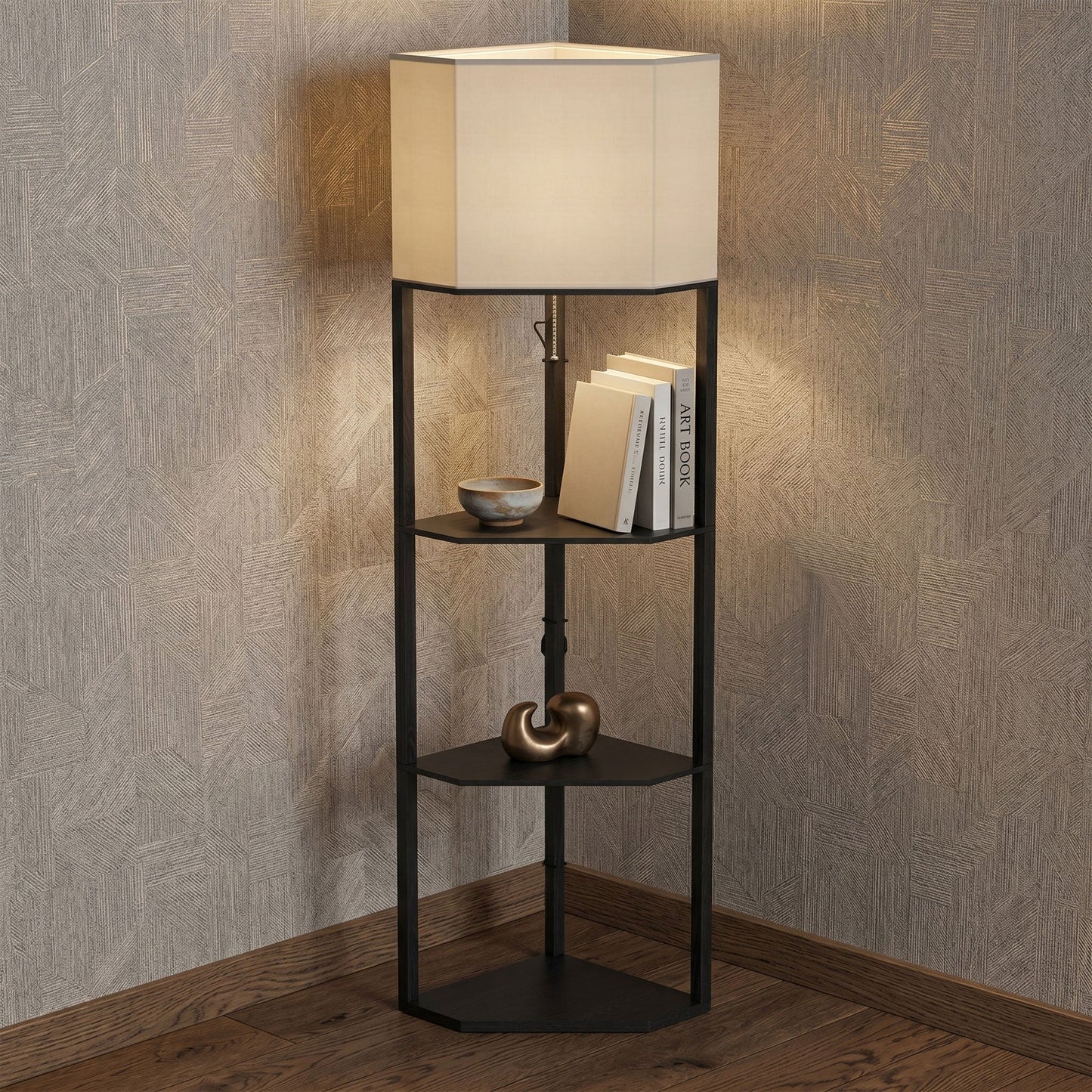 Corner Floor Lamp with Shelves and Lights, Modern Dimmable Standing Lamp with 3000K/4000K/6000K Colour Temperature, Chain Switch & Remote Control for Living Room, Bedroom, Black
