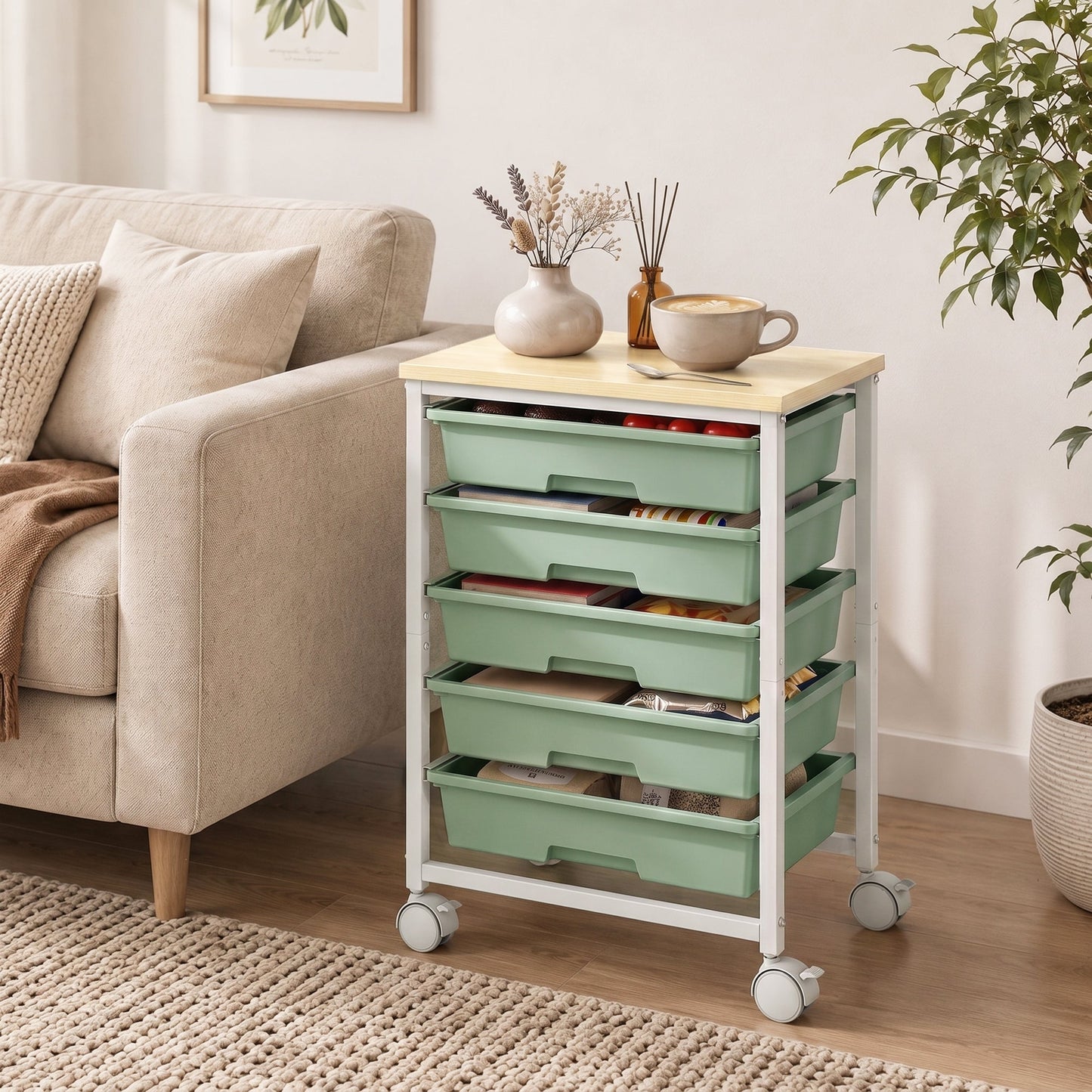 6-Tier Storage Trolley on Wheels, Metal Kitchen Rolling Cart with 5 Pull-Out Drawers, Kitchen Storage Rack for Living Room, Dining Room, Bedroom, Bathroom, Green
