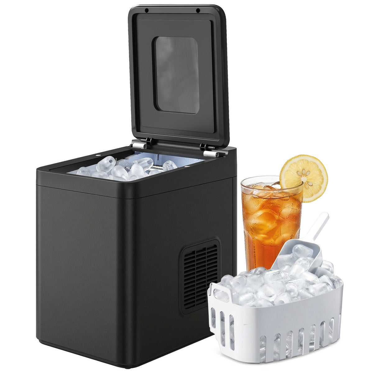 Ice Maker Machine Countertop, 12kg/24H, 9 Cubes in 7 Mins, 2 Sizes, Self-Cleaning Compact Ice Cube Maker with Scoop and Basket for Home Office Kitchen RV, Black