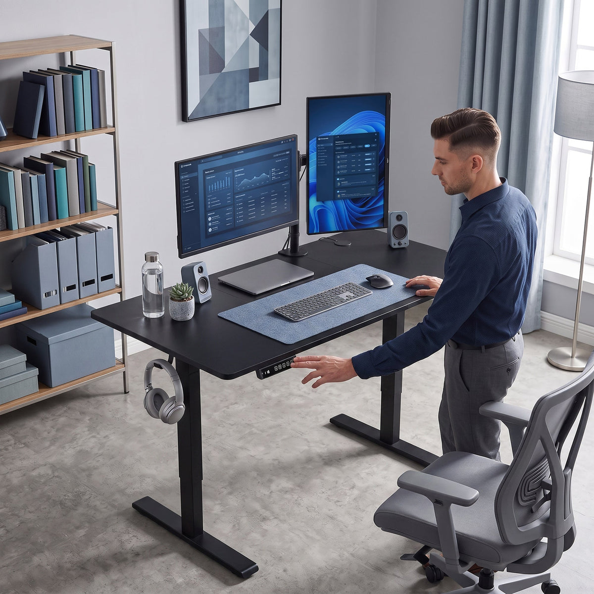 Electric Standing Desk Height Adjustable 120 x 60cm, Sit Stand Desk with 3 Memory Presets, Quiet Home Office Computer Desk with LED Display, Cable Holes & Hooks for Bedroom, Home Office, Black