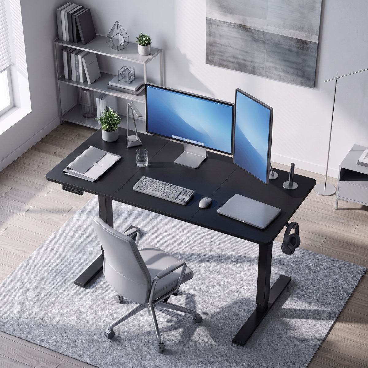 Electric Standing Desk Height Adjustable 120 x 60cm, Sit Stand Desk with 3 Memory Presets, Quiet Home Office Computer Desk with LED Display, Cable Holes & Hooks for Bedroom, Home Office, Black