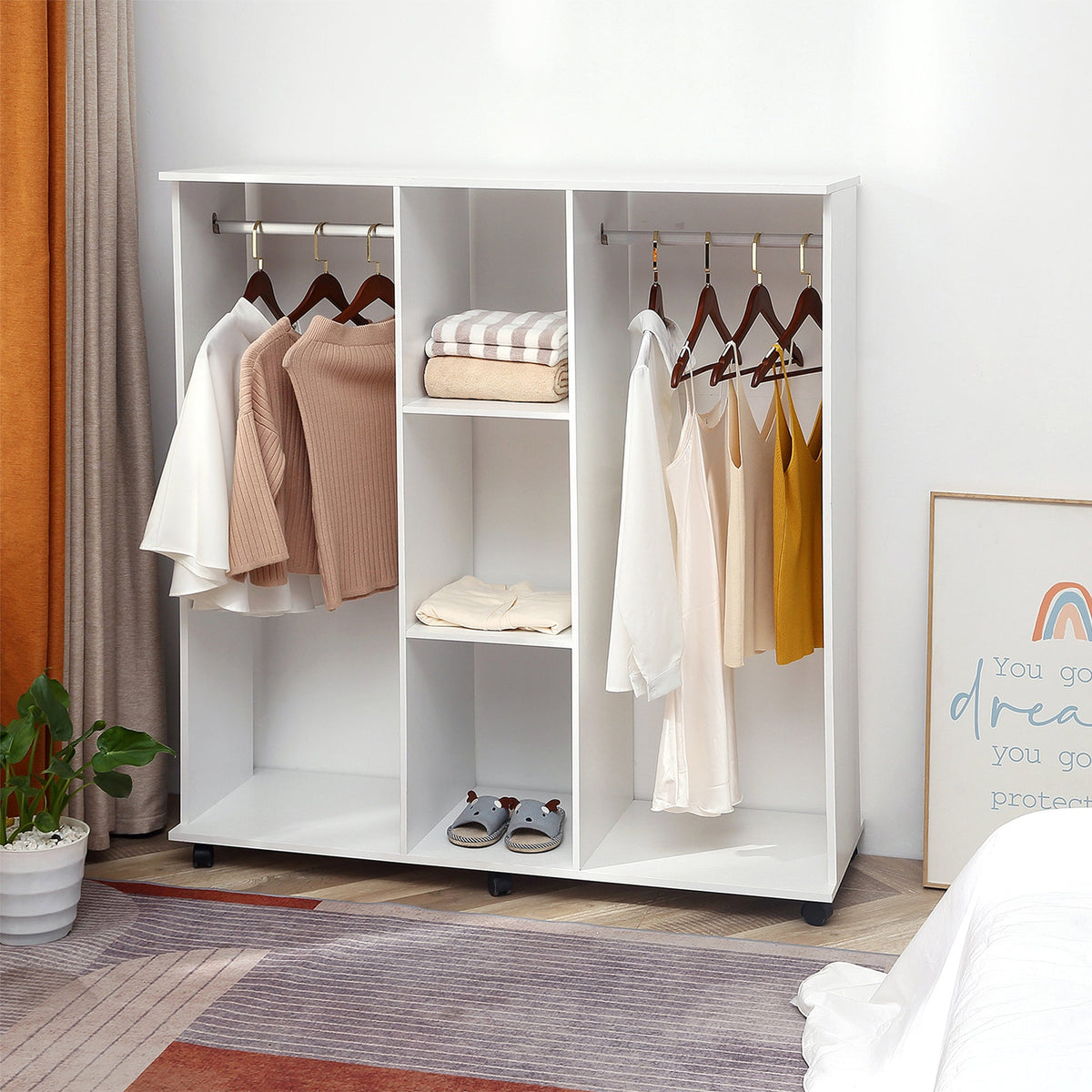 HOMCOM Double Open Wardrobe on Wheels, Bedroom Wardrobe with Clothes Hanging Rails, 3 Storage Shelves, Mobile Garment Rack for Cloakroom, Hallway, White