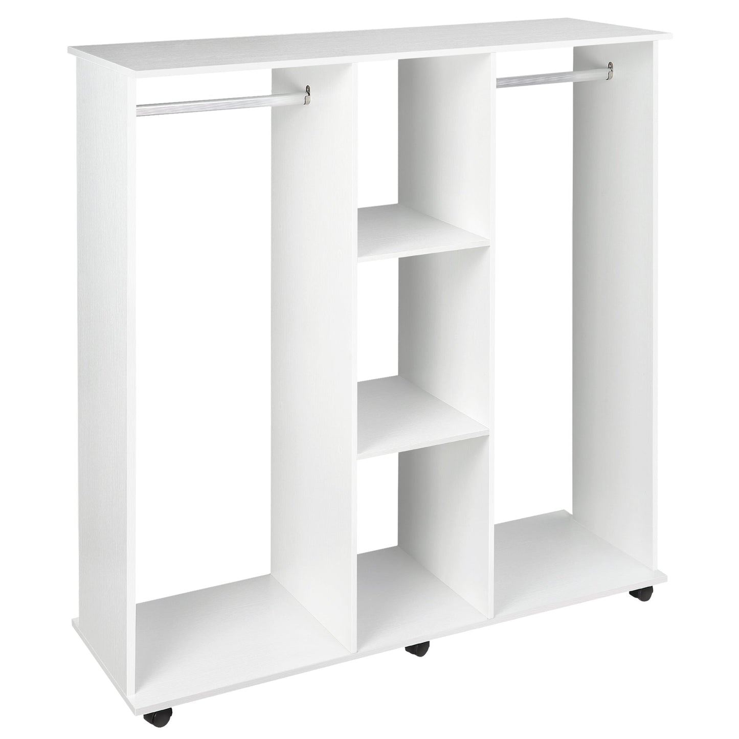 HOMCOM Double Open Wardrobe on Wheels, Bedroom Wardrobe with Clothes Hanging Rails, 3 Storage Shelves, Mobile Garment Rack for Cloakroom, Hallway, White