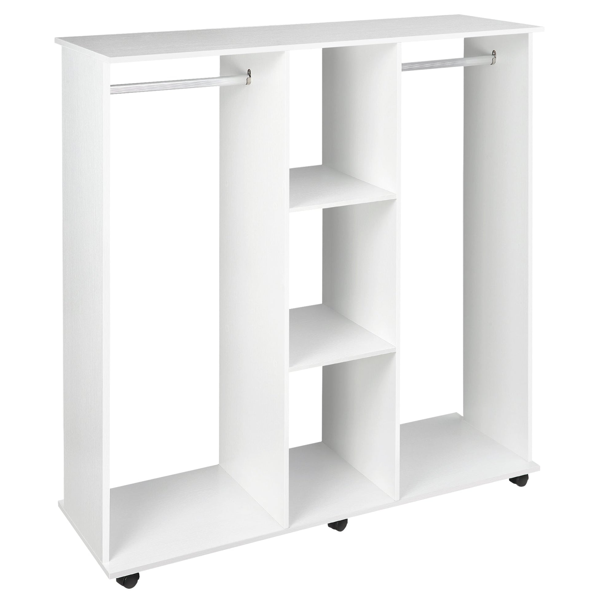 HOMCOM Double Open Wardrobe on Wheels, Bedroom Wardrobe with Clothes Hanging Rails, 3 Storage Shelves, Mobile Garment Rack for Cloakroom, Hallway, White