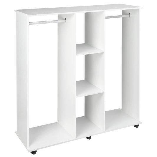 HOMCOM Double Open Wardrobe on Wheels, Bedroom Wardrobe with Clothes Hanging Rails, 3 Storage Shelves, Mobile Garment Rack for Cloakroom, Hallway, White