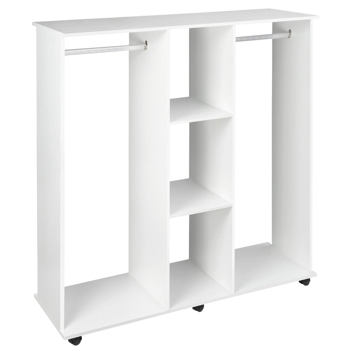 HOMCOM Double Open Wardrobe on Wheels, Bedroom Wardrobe with Clothes Hanging Rails, 3 Storage Shelves, Mobile Garment Rack for Cloakroom, Hallway, White