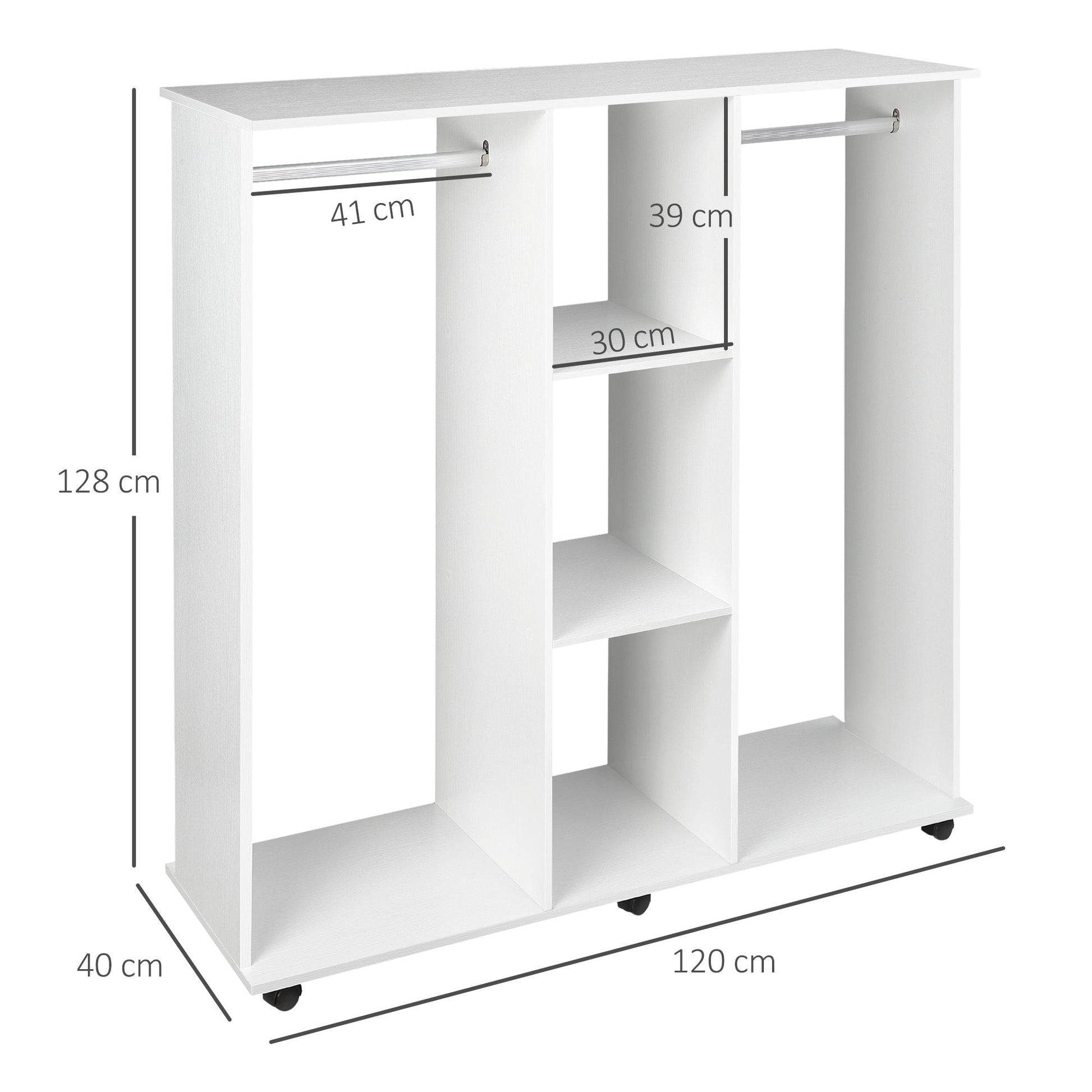 HOMCOM Double Open Wardrobe on Wheels, Bedroom Wardrobe with Clothes Hanging Rails, 3 Storage Shelves, Mobile Garment Rack for Cloakroom, Hallway, White