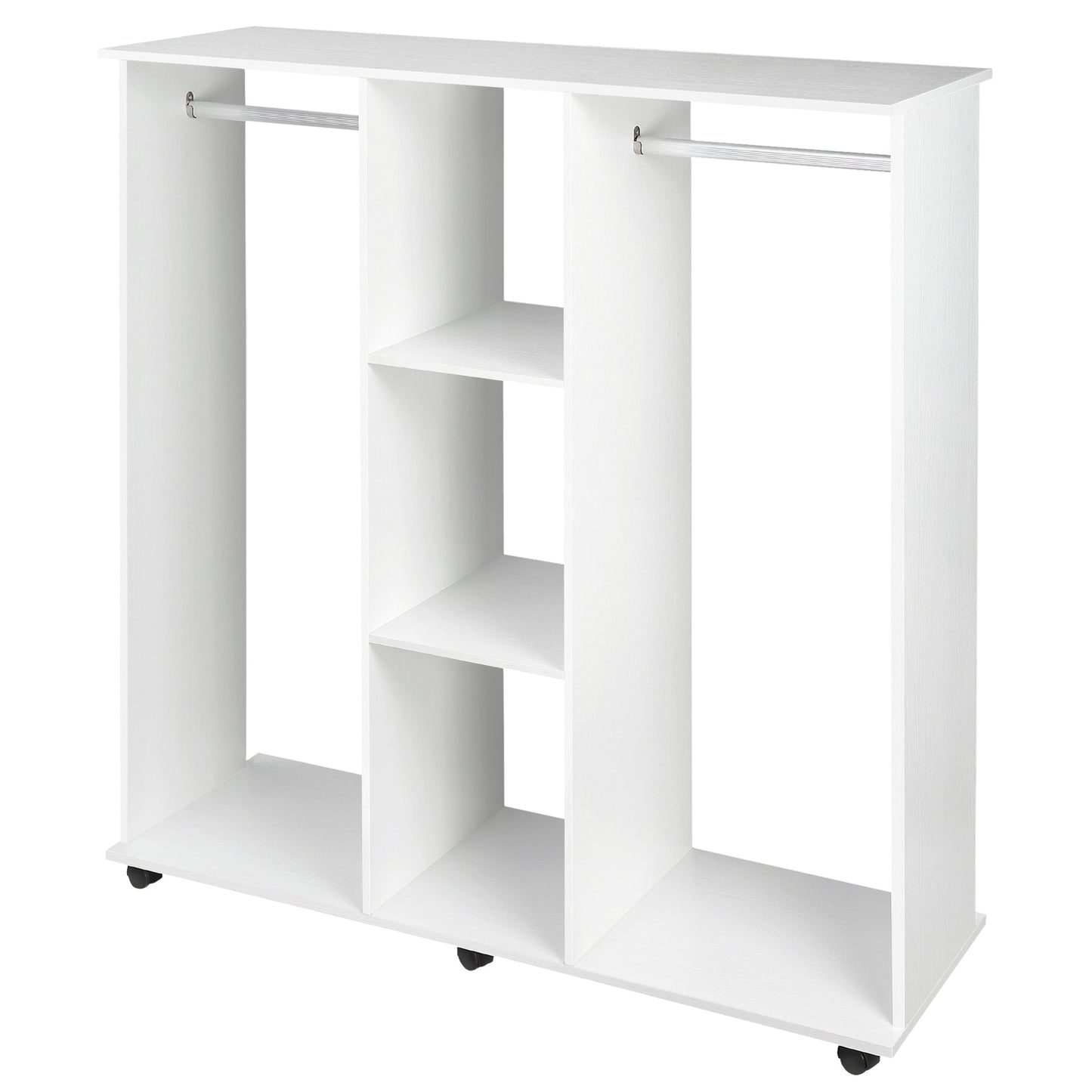 HOMCOM Double Open Wardrobe on Wheels, Bedroom Wardrobe with Clothes Hanging Rails, 3 Storage Shelves, Mobile Garment Rack for Cloakroom, Hallway, White