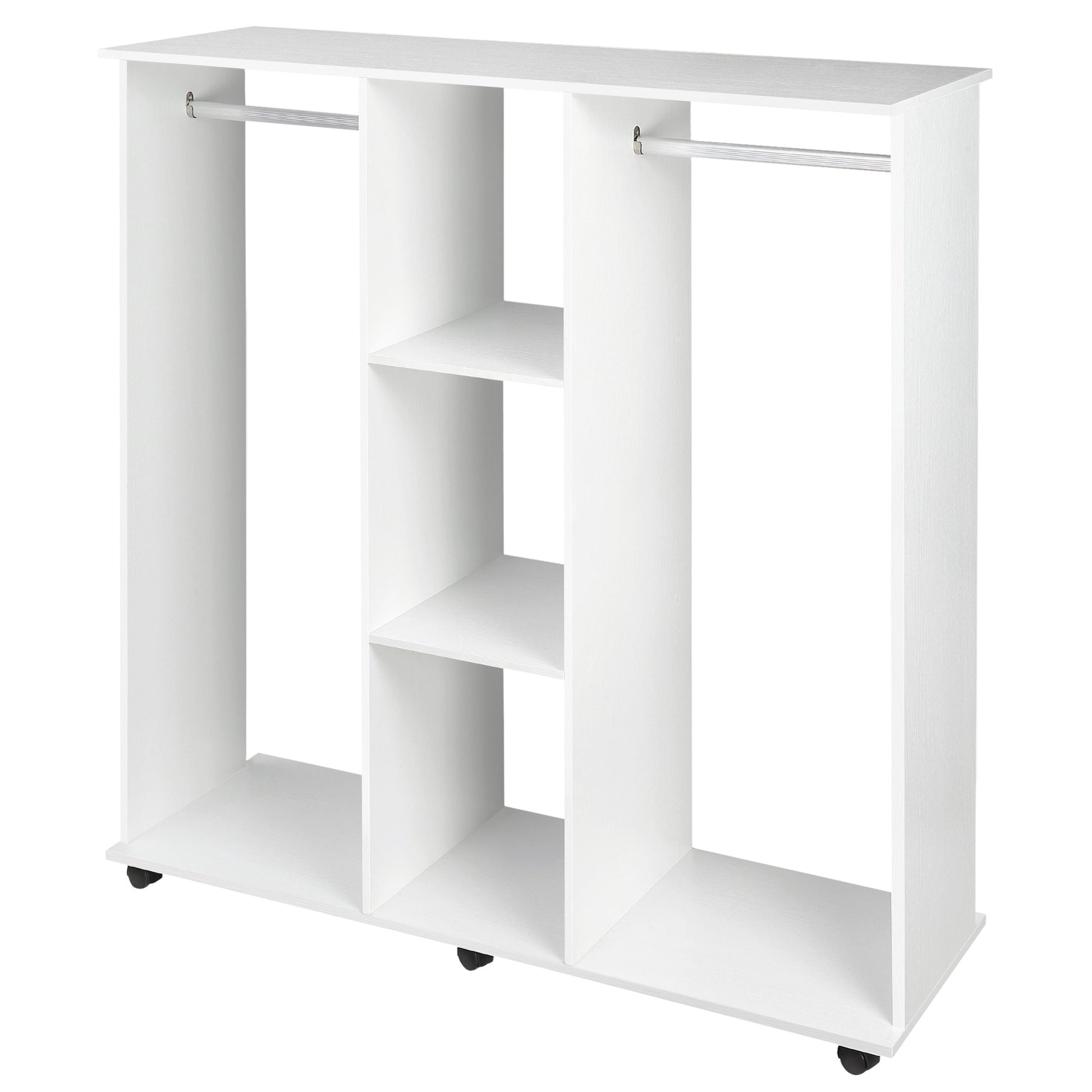 HOMCOM Double Open Wardrobe on Wheels, Bedroom Wardrobe with Clothes Hanging Rails, 3 Storage Shelves, Mobile Garment Rack for Cloakroom, Hallway, White