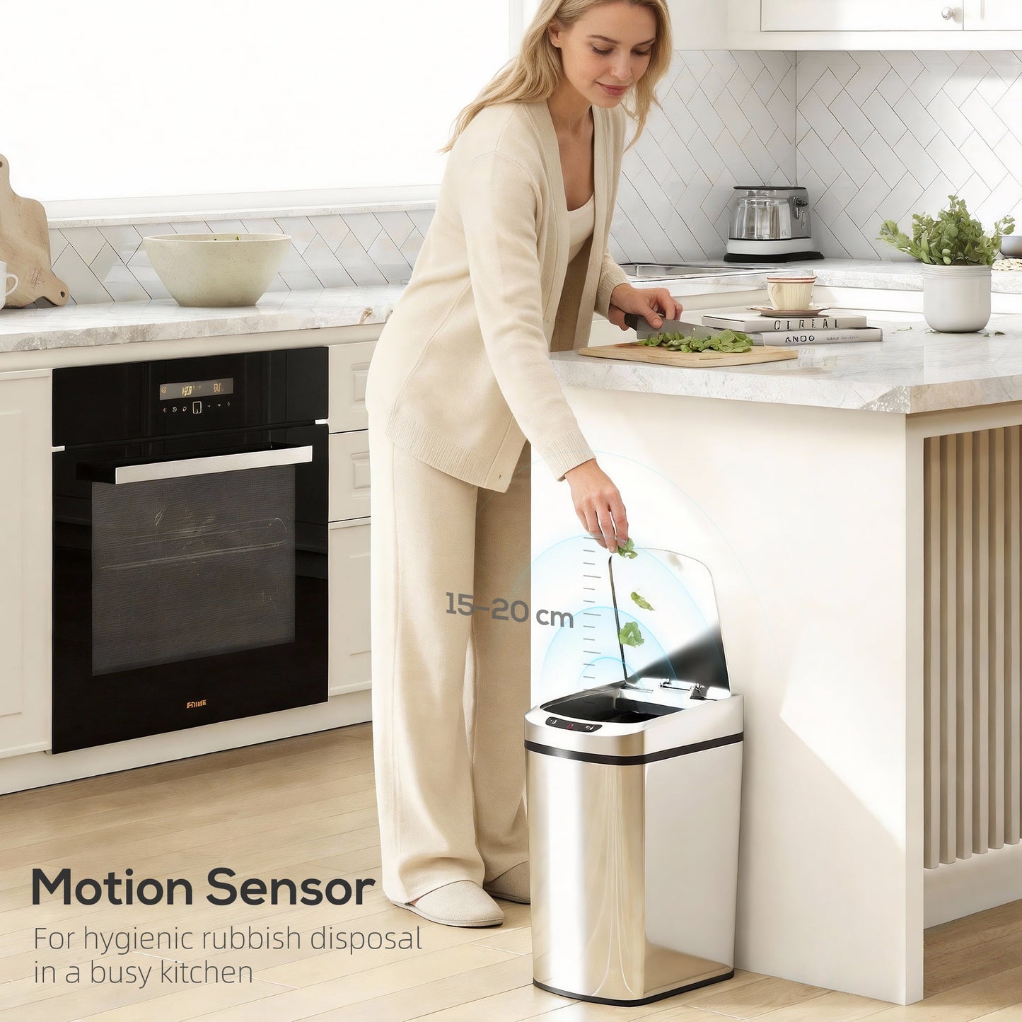 12L Sensor Bin, Automatic Touchless Motion Sensor Kitchen Bin, Compact Trash Can with Fingerprint Resistant Stainless Steel for Hygienic Gyms, Home Office Use, Silver Tone