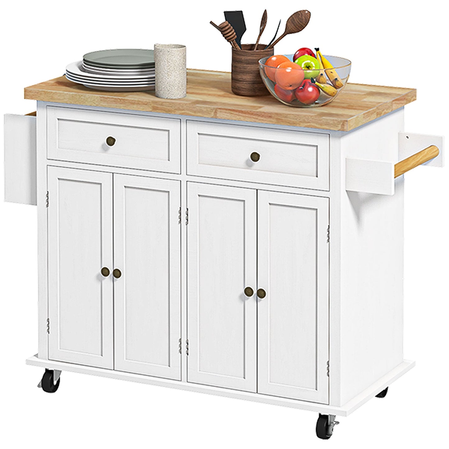 HOMCOM Rolling Kitchen Island Storage Trolley with Rubber Wood Top & Drawers for Dining Room, White