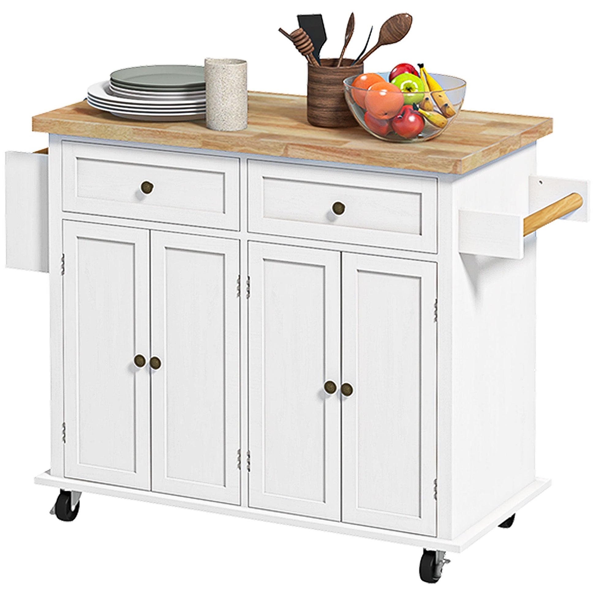 HOMCOM Rolling Kitchen Island Storage Trolley with Rubber Wood Top & Drawers for Dining Room, White