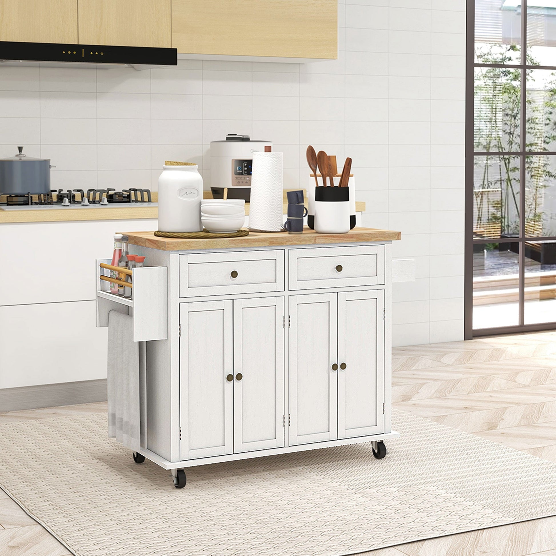 HOMCOM Rolling Kitchen Island Storage Trolley with Rubber Wood Top & Drawers for Dining Room, White