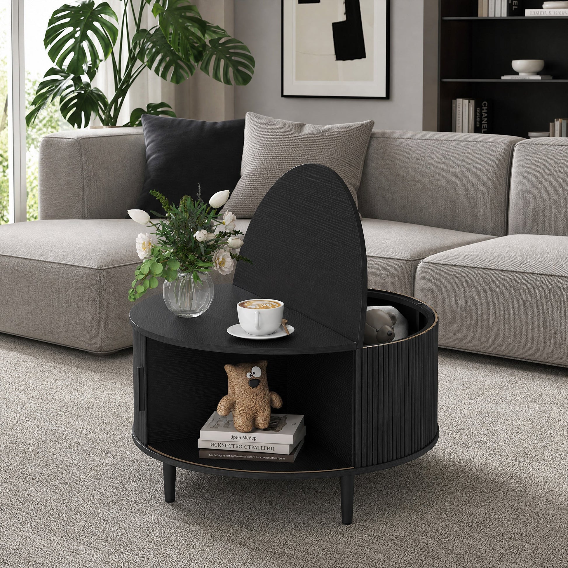 Round Coffee Table with Storage, 80 cm Modern Centre Table with Fluted Sliding Cabinet Door and Lift Top, Wood Circle Drum Table for Living Room, Black Wood Effect