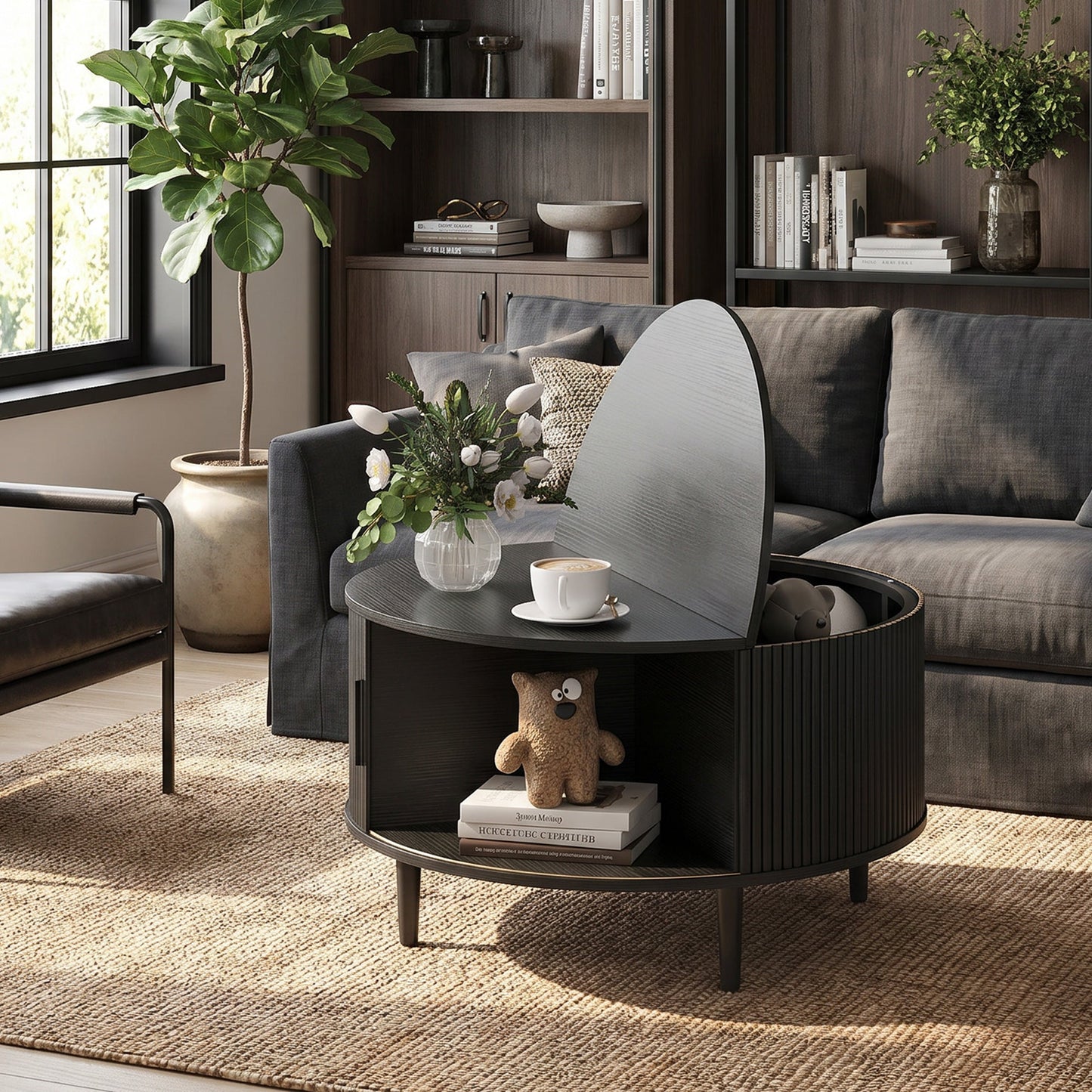 Round Coffee Table with Storage, 80 cm Modern Centre Table with Fluted Sliding Cabinet Door and Lift Top, Wood Circle Drum Table for Living Room, Black Wood Effect