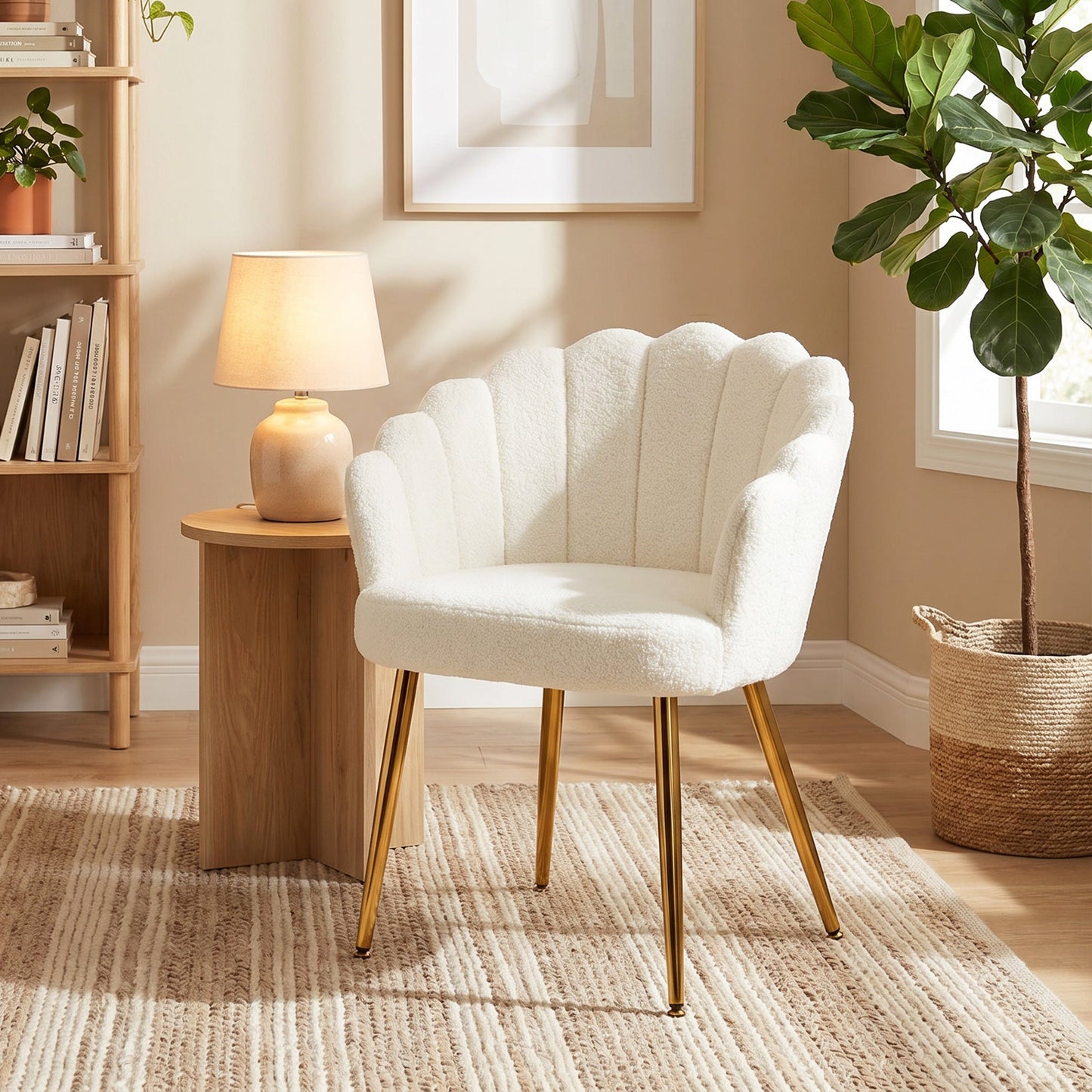 Petal-Back Lounge Chair, Faux Lamb's Wool Lounge Seat with Metal Legs and Adjustable Feet, Modern Armchair for Living Room, Bedroom, Balcony, Office, Cream