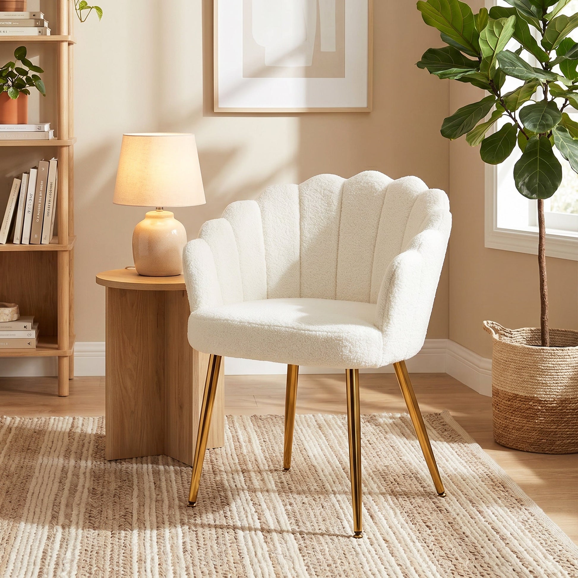 Petal-Back Lounge Chair, Faux Lamb's Wool Lounge Seat with Metal Legs and Adjustable Feet, Modern Armchair for Living Room, Bedroom, Balcony, Office, Cream