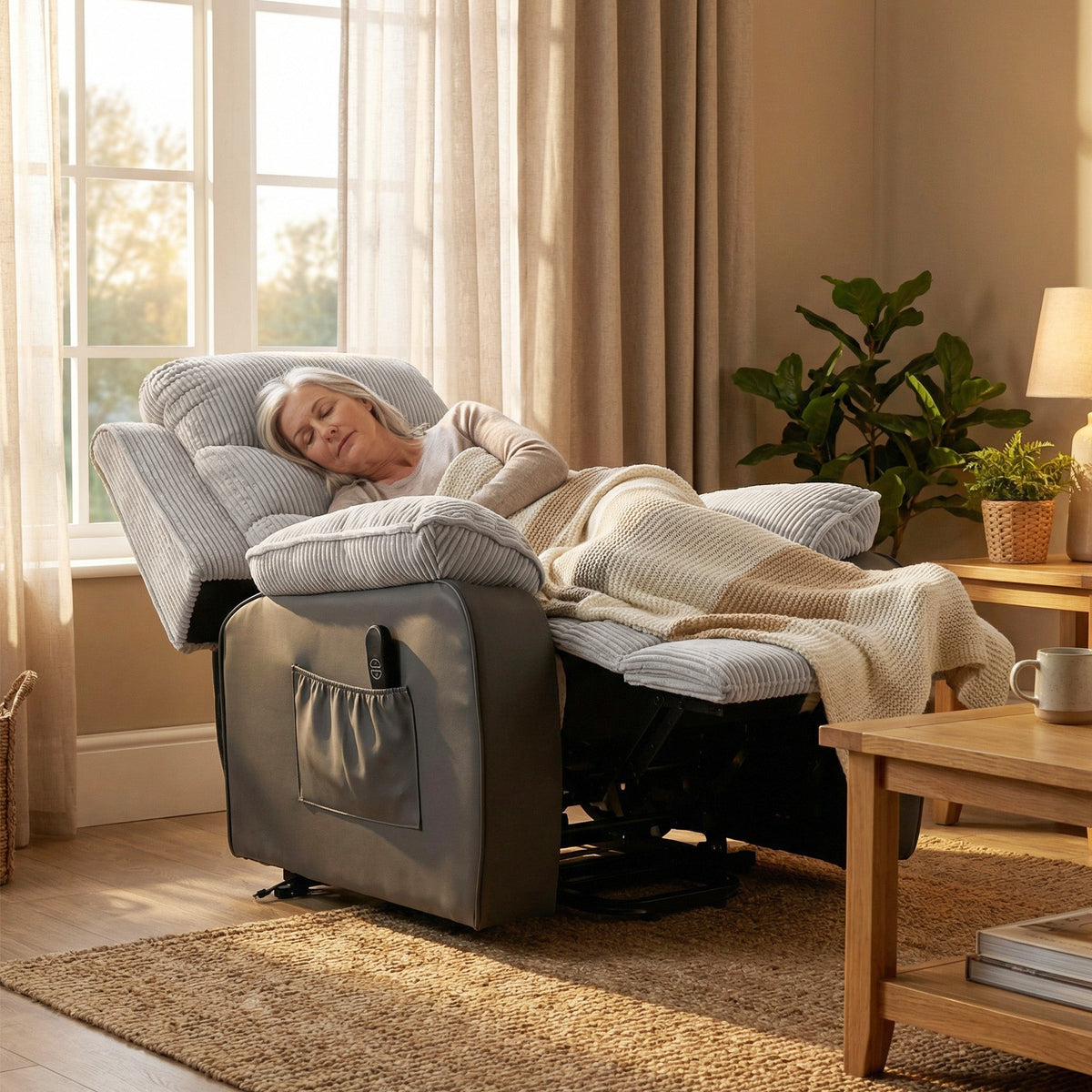Riser Recliner Chair for Elderly, Corduroy Electric Power Lift Chair with Patchwork Design, Wide Seat, High Back, USB Port, 2 Side Pockets, Remote, Lift Armchair for Living Room, Light Grey