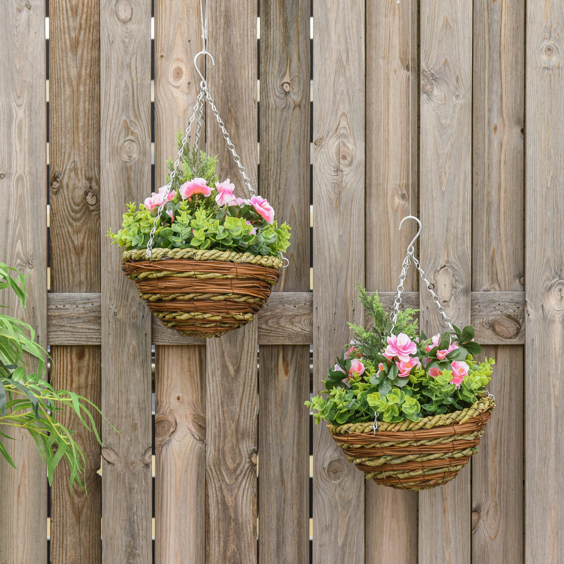 Outsunny Pack of 2 Faux Plant Artificial Lisianthus Flowers Hanging Planter with Basket for Indoor Outdoor Decoration, Pink