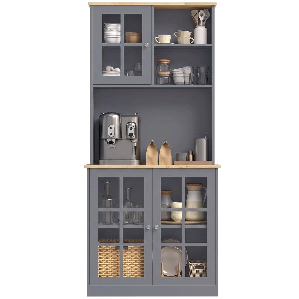 Kitchen Pantry, Buffet Hutch with 3 Storage Cabinets, 2 Open Shelves and Large Countertop for Kitchen, Living Room and Entryway, Grey