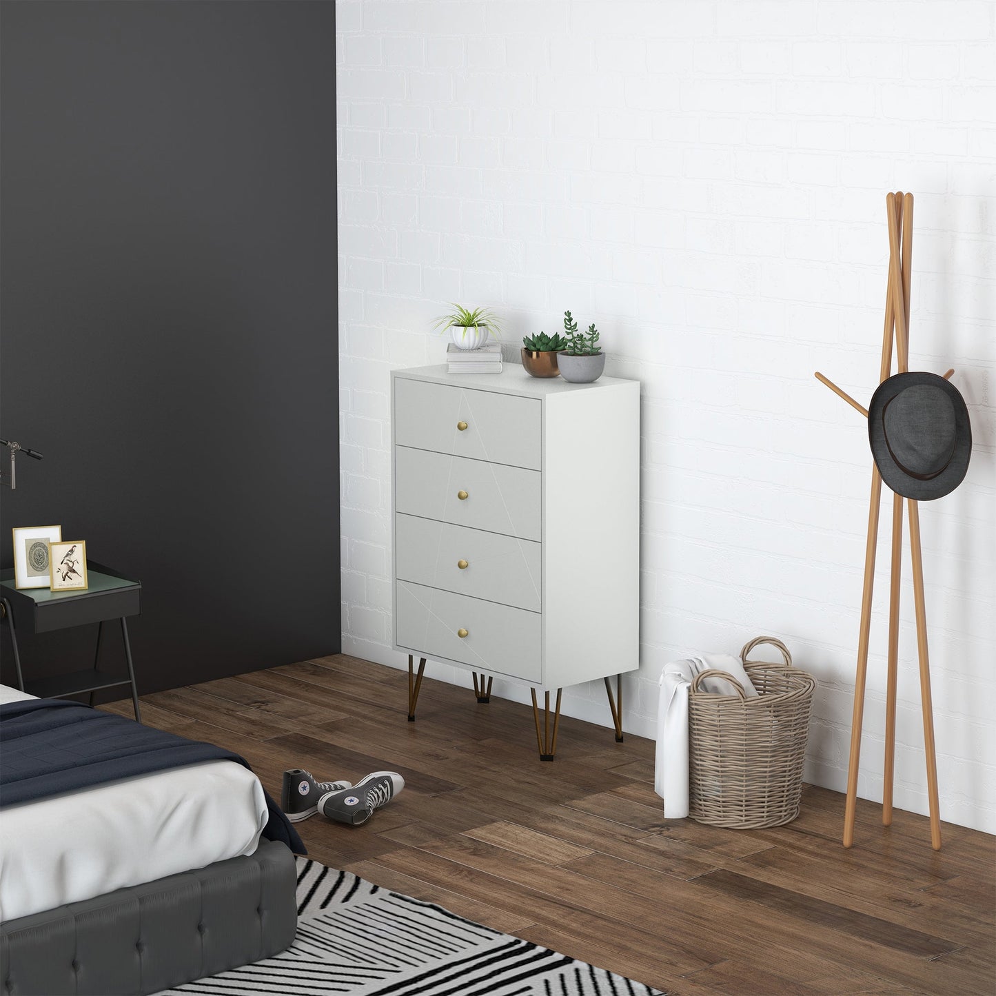 HOMCOM Bedroom Chest of Drawers, Tallboy 4-Drawer Dresser, Modern Storage Drawer Unit with Hairpin Legs, White