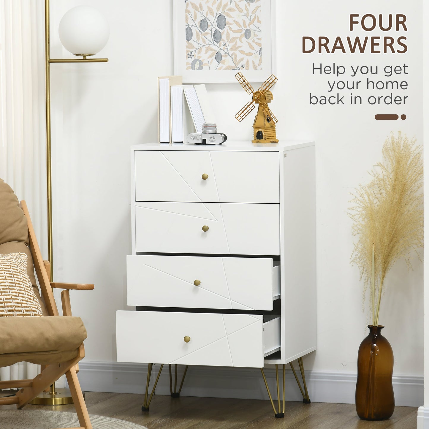 HOMCOM Bedroom Chest of Drawers, Tallboy 4-Drawer Dresser, Modern Storage Drawer Unit with Hairpin Legs, White