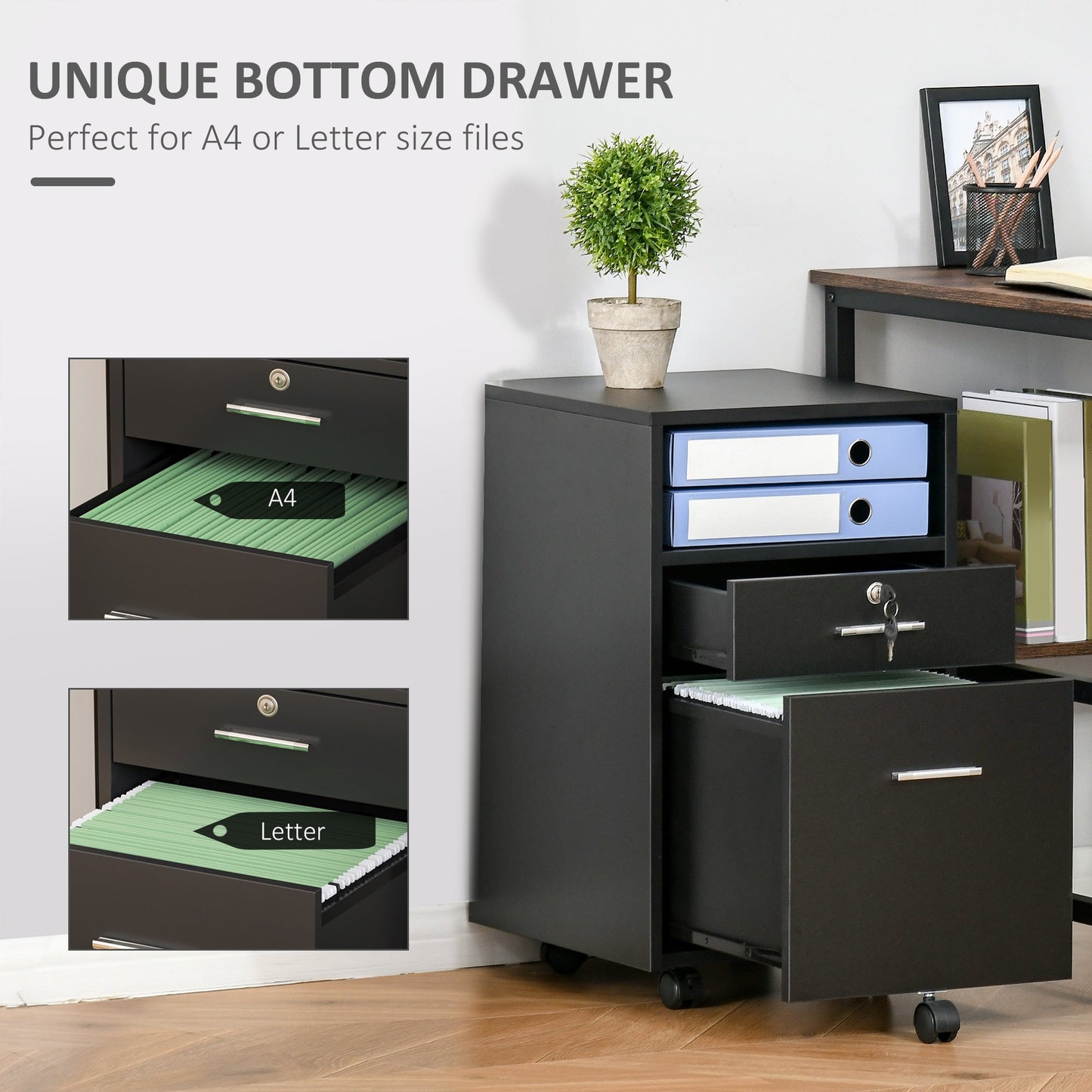 Vinsetto Mobile File Cabinet Lockable Storage Unit Cupboard for A4 Letter Home Filing Furniture for Office, Bedroom and Living Room, 39x40x65cm, Black