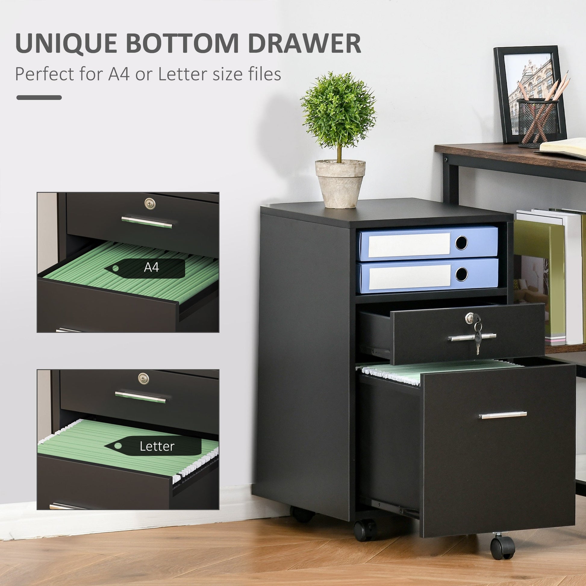 Vinsetto Mobile File Cabinet Lockable Storage Unit Cupboard for A4 Letter Home Filing Furniture for Office, Bedroom and Living Room, 39x40x65cm, Black