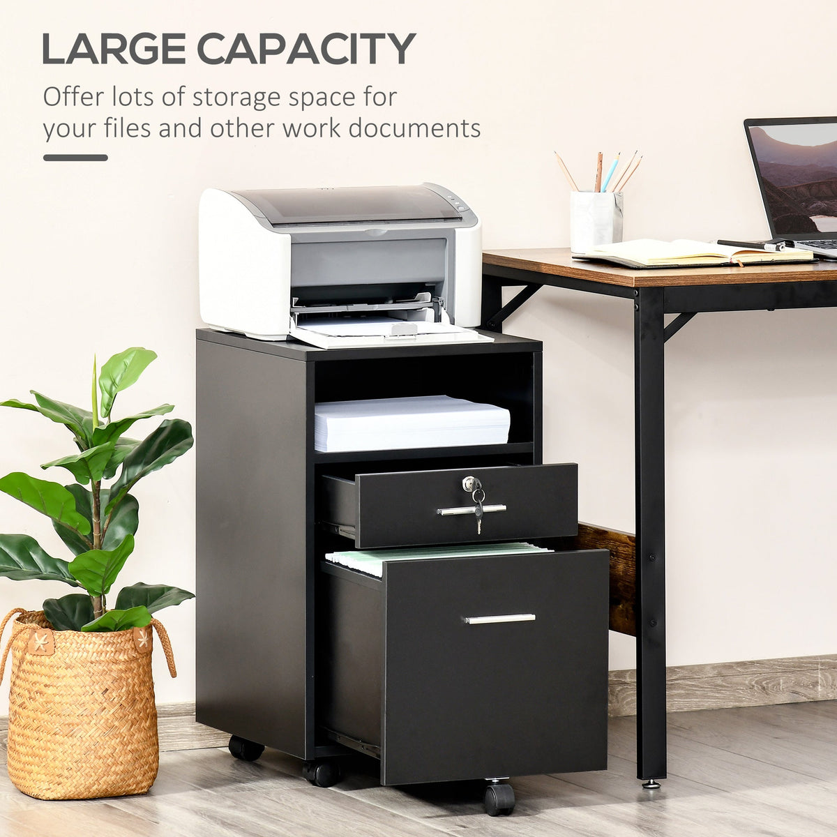 Vinsetto Mobile File Cabinet Lockable Storage Unit Cupboard for A4 Letter Home Filing Furniture for Office, Bedroom and Living Room, 39x40x65cm, Black