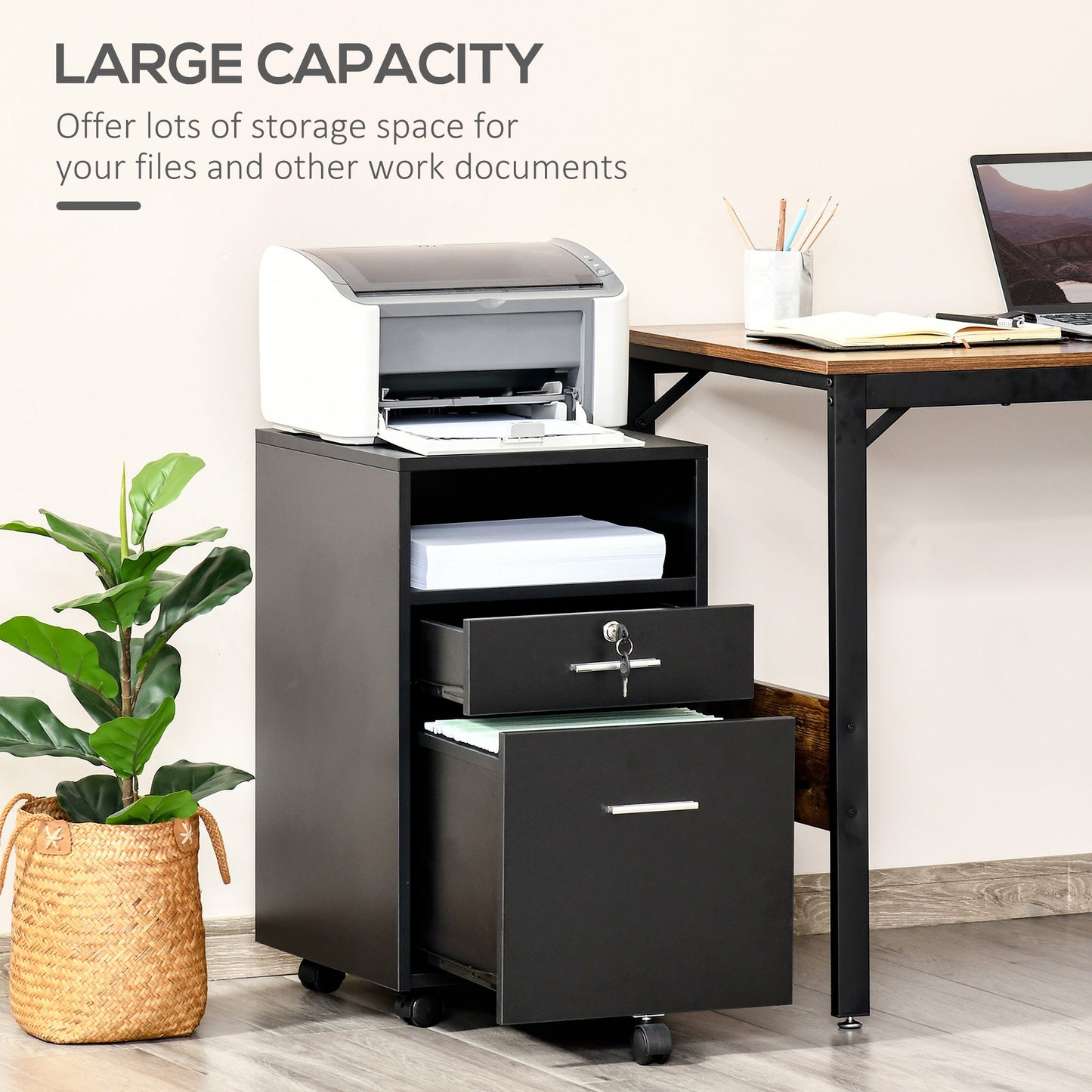 Vinsetto Mobile File Cabinet Lockable Storage Unit Cupboard for A4 Letter Home Filing Furniture for Office, Bedroom and Living Room, 39x40x65cm, Black