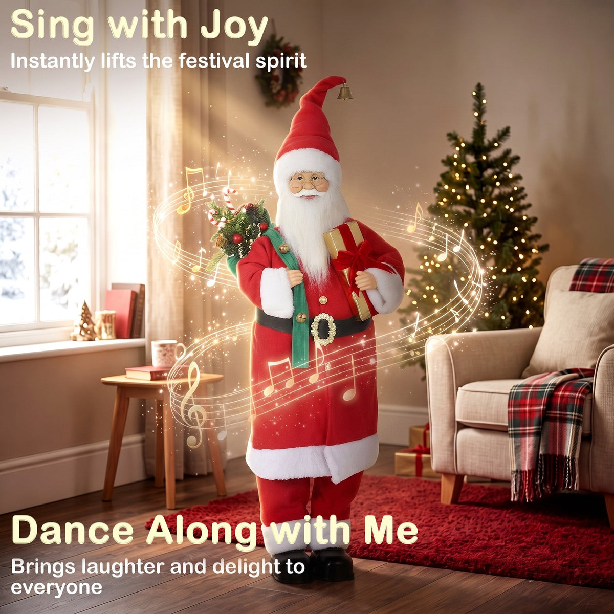 4ft Life Size Singing Dancing Santa Claus, 120 cm Standing Musical Animated Santa with Gift and Sack, Handcrafted, Sound Touch Activated, Moving Christmas Figure Decoration