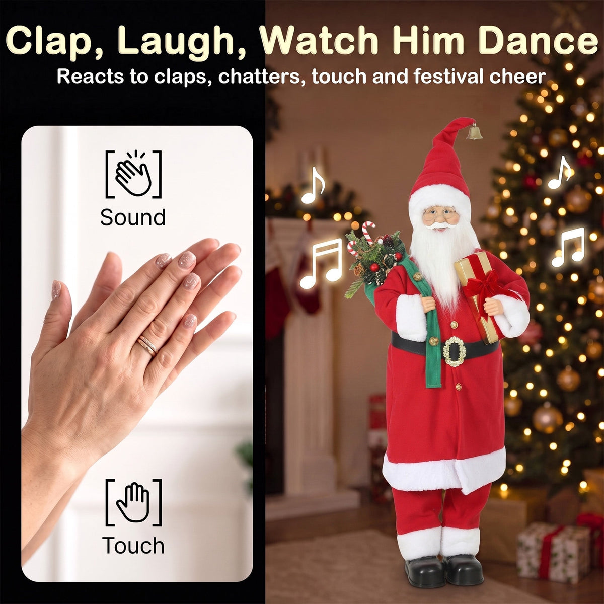 4ft Life Size Singing Dancing Santa Claus, 120 cm Standing Musical Animated Santa with Gift and Sack, Handcrafted, Sound Touch Activated, Moving Christmas Figure Decoration