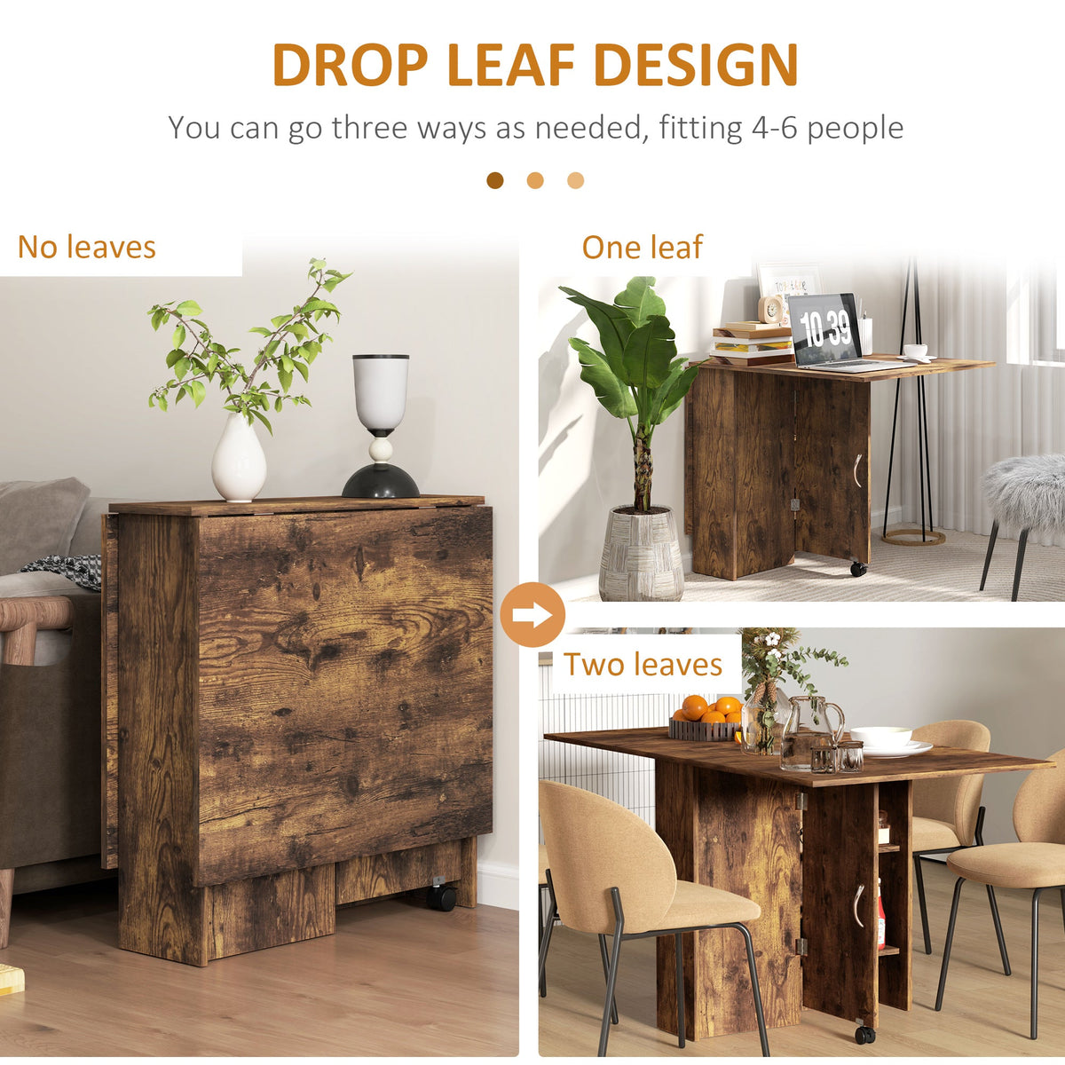 80-140 cm Folding Dining Table for 4-6 People, Drop Leaf Table with 2-Tier Shelves, Rolling Casters, for Small Spaces, Kitchen, Flat, Dining Room, Rustic Brown