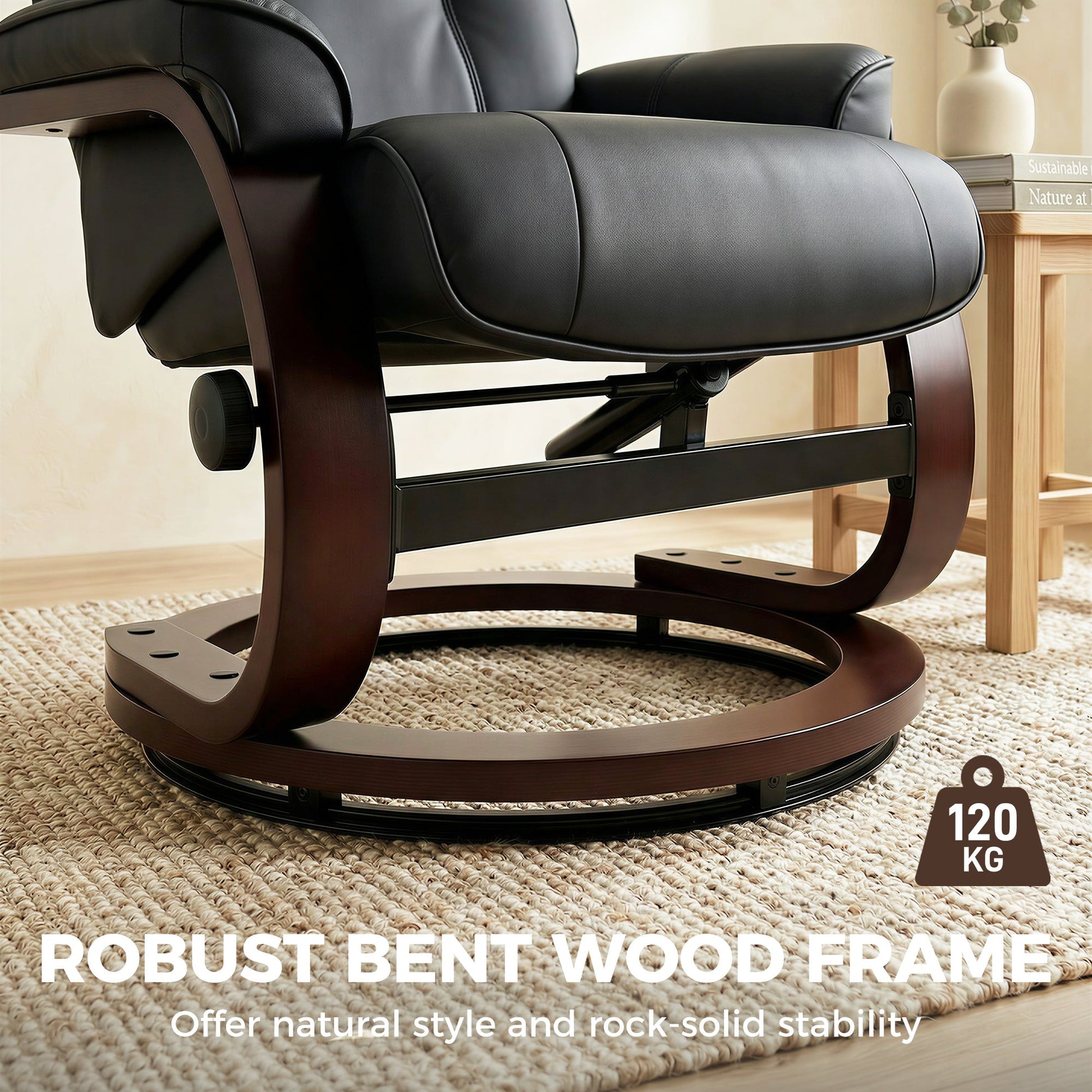 Swivel Recliner Chair with Footstool, PU Leather Recliner Armchair with High Back and Wood Frame, Reclining Chair Lounge with Padded Armrests for Living Room, Black