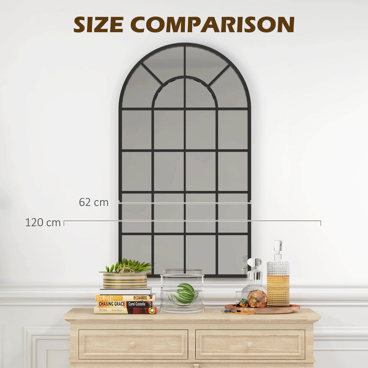 HOMCOM Modern Arched Wall Mirror, 110 x 62 cm Window Mirror for Living Room, Bedroom, Hallway, Black