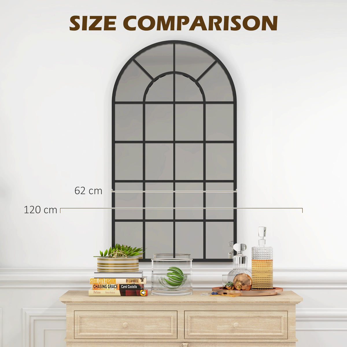 HOMCOM Modern Arched Wall Mirror, 110 x 62 cm Window Mirror for Living Room, Bedroom, Hallway, Black