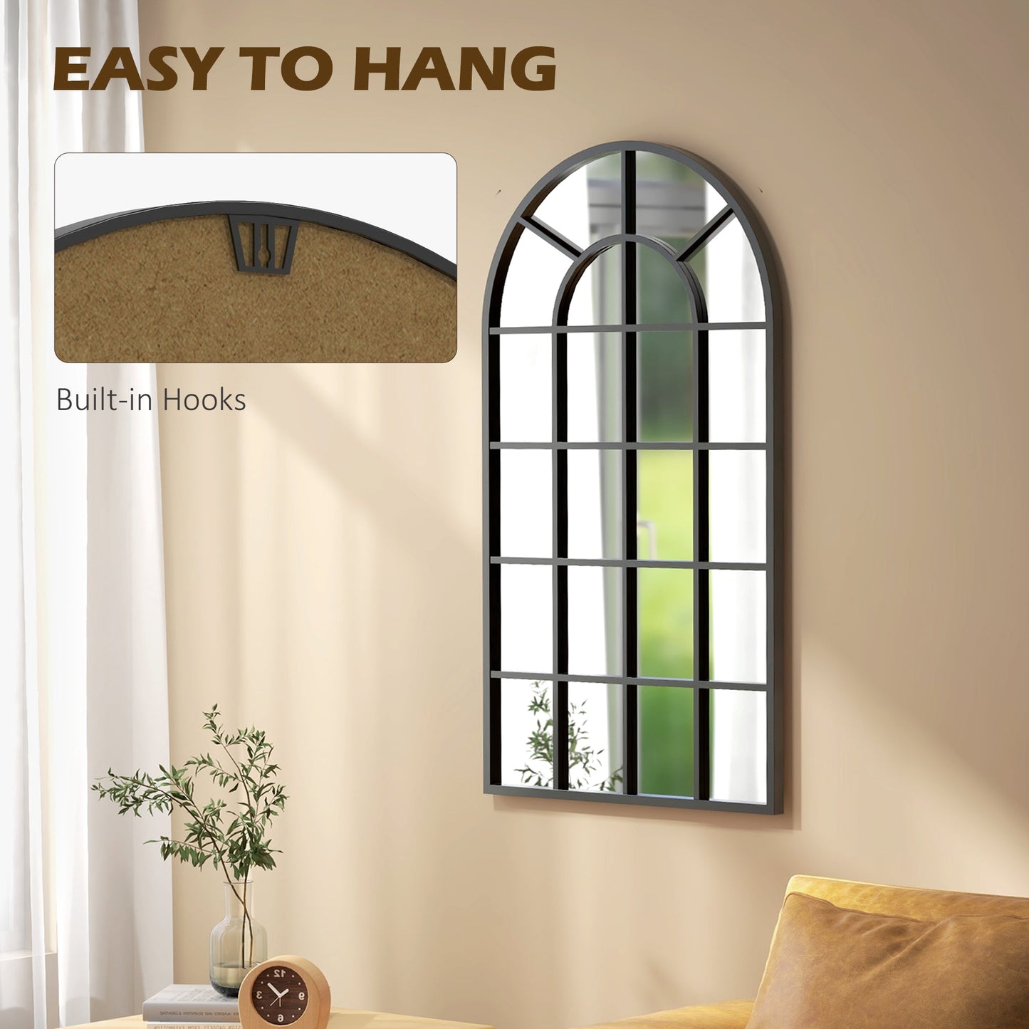 HOMCOM Modern Arched Wall Mirror, 110 x 62 cm Window Mirror for Living Room, Bedroom, Hallway, Black