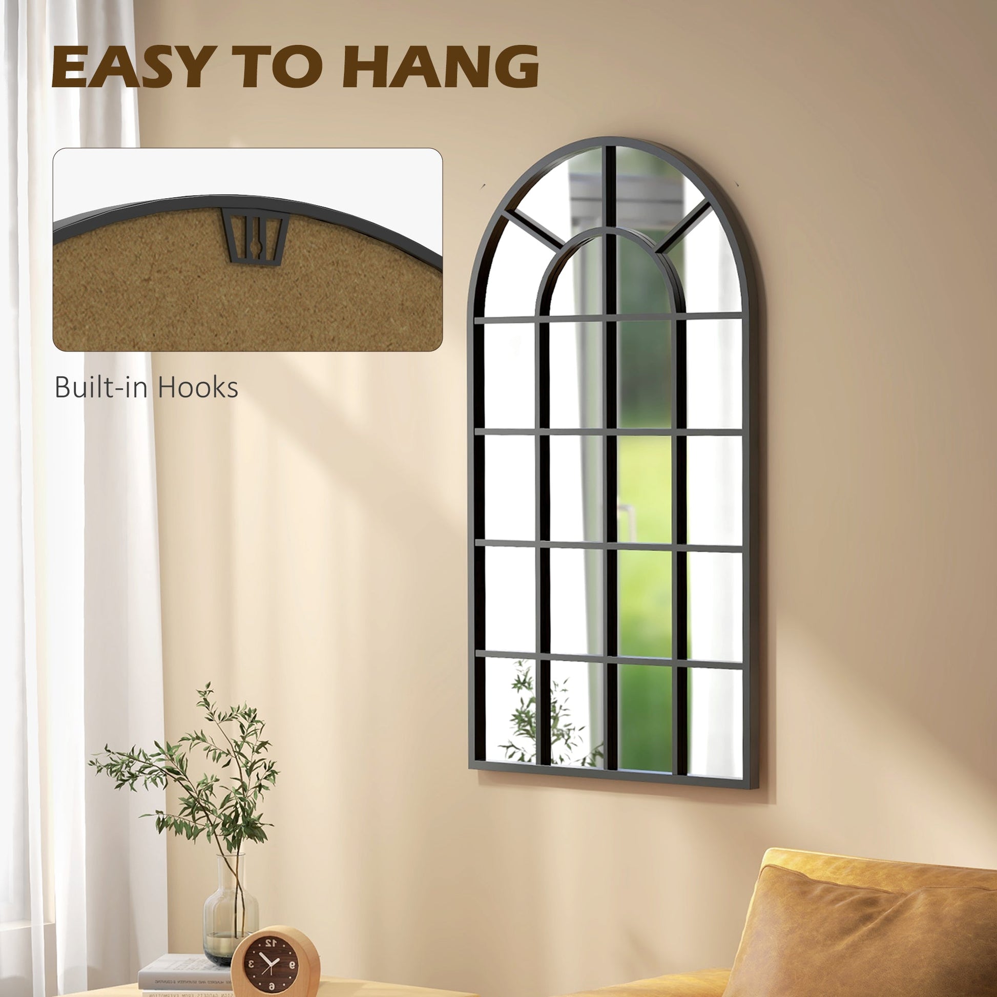 HOMCOM Modern Arched Wall Mirror, 110 x 62 cm Window Mirror for Living Room, Bedroom, Hallway, Black
