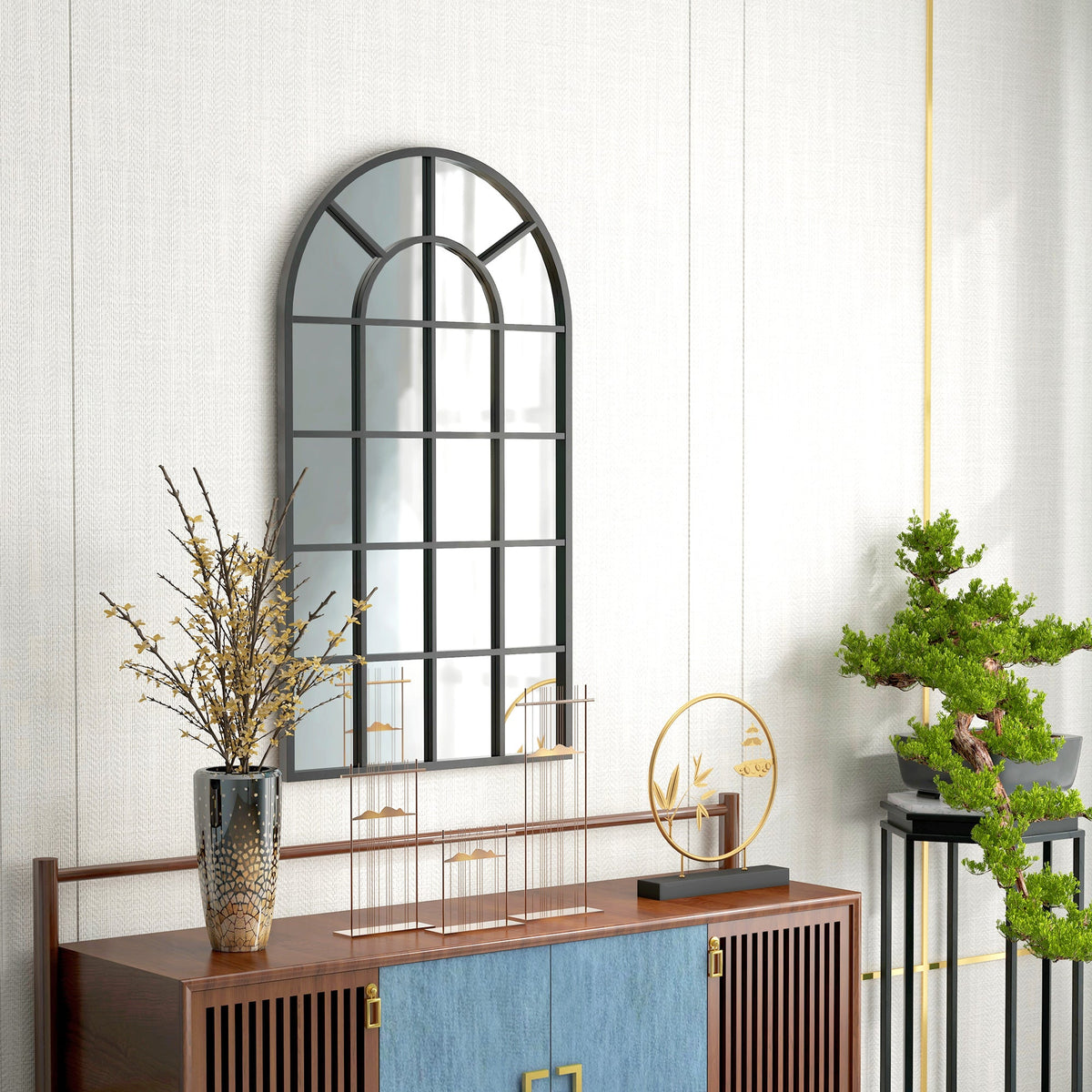 HOMCOM Modern Arched Wall Mirror, 110 x 62 cm Window Mirror for Living Room, Bedroom, Hallway, Black