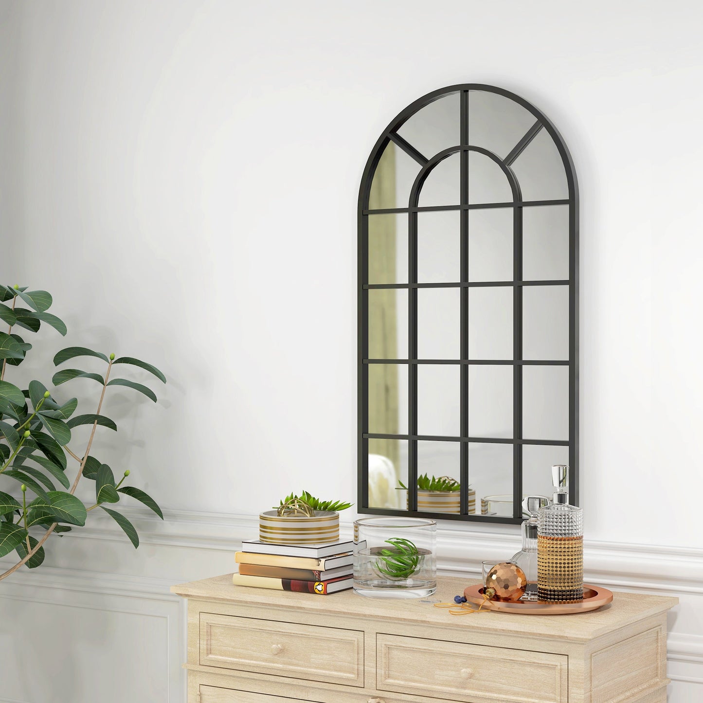 HOMCOM Modern Arched Wall Mirror, 110 x 62 cm Window Mirror for Living Room, Bedroom, Hallway, Black