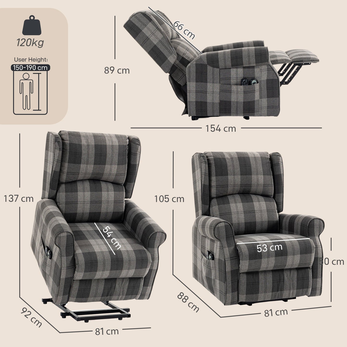 Power Lift Recliner Chair with Vibration Massage and Heat, Checked Electric Lift Chair for Elderly, Fabric Riser and Reclining Armchair with Pocket Spring, Remote, Quick Assembly, Side Pockets