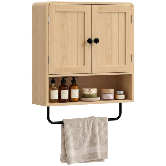 Bathroom Wall Cabinet, Wall Mounted Bathroom Cabinet with 2 Doors, Open Shelf, Towel Bar and Adjustable Shelf Storage for Toilet, Laundry, Oak