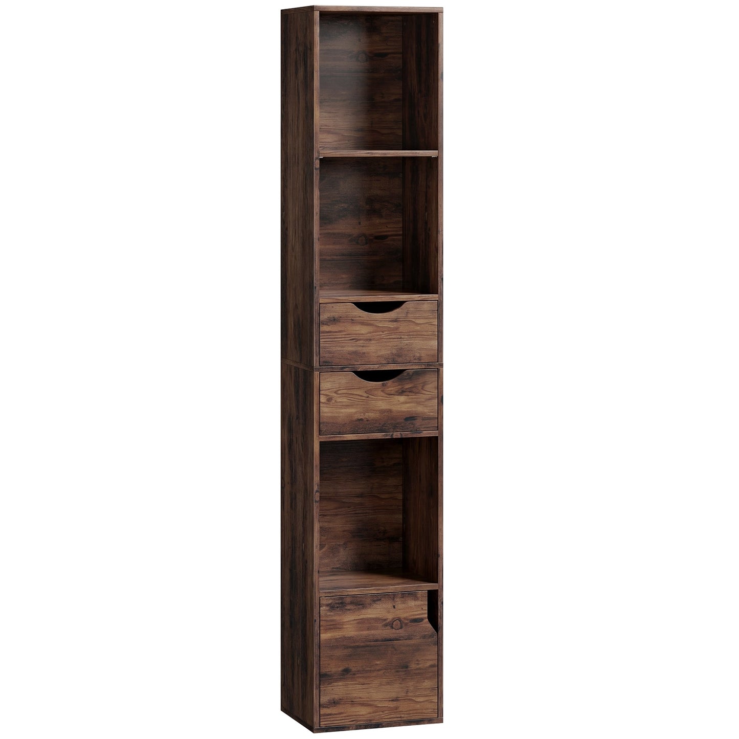 158 cm Bookcase with Drawers, 3-Tier Bookshelf, Slim Storage Cabinet with Doors, Adjustable Shelf for Living Room, Bedroom, Home Office, Rustic Brown