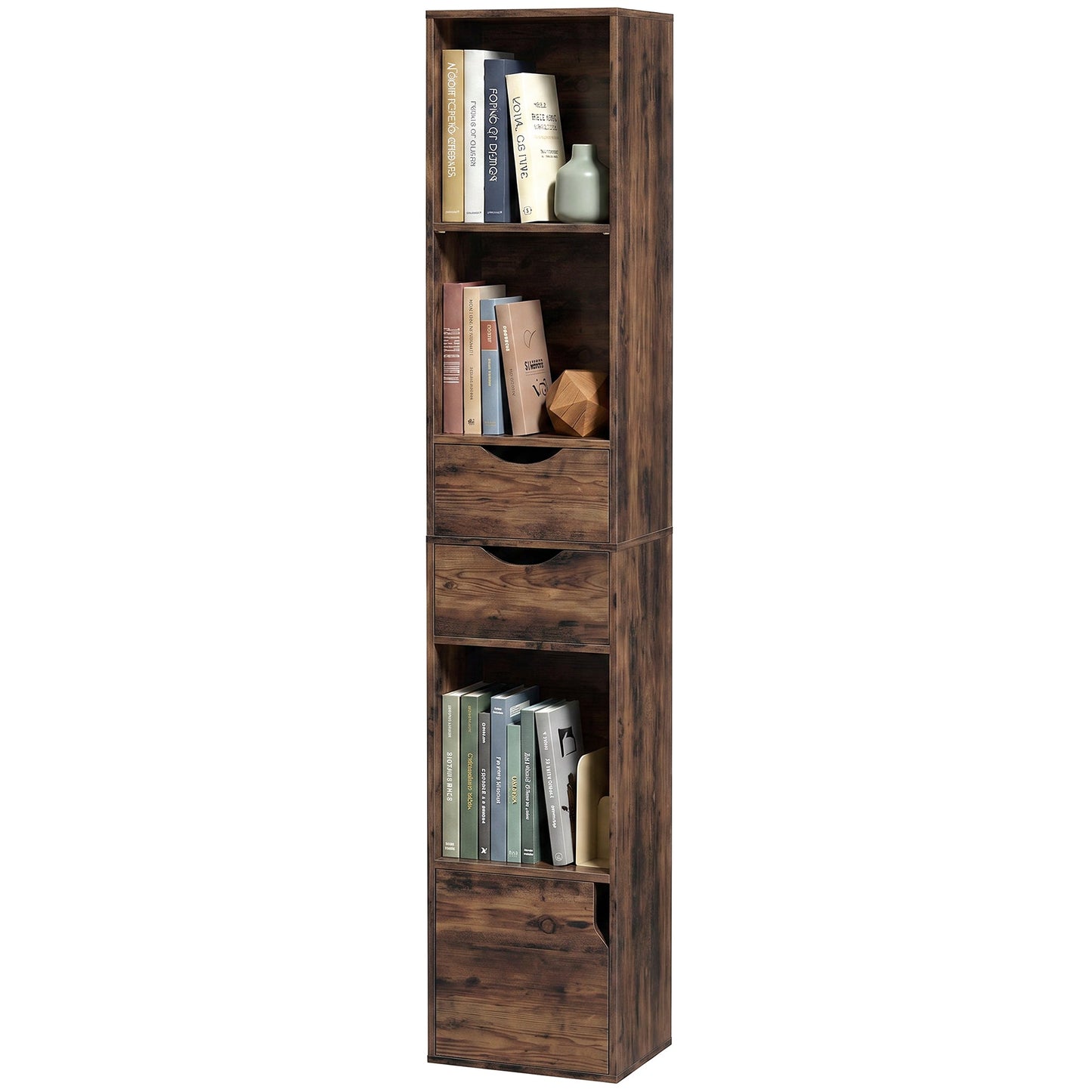 158 cm Bookcase with Drawers, 3-Tier Bookshelf, Slim Storage Cabinet with Doors, Adjustable Shelf for Living Room, Bedroom, Home Office, Rustic Brown