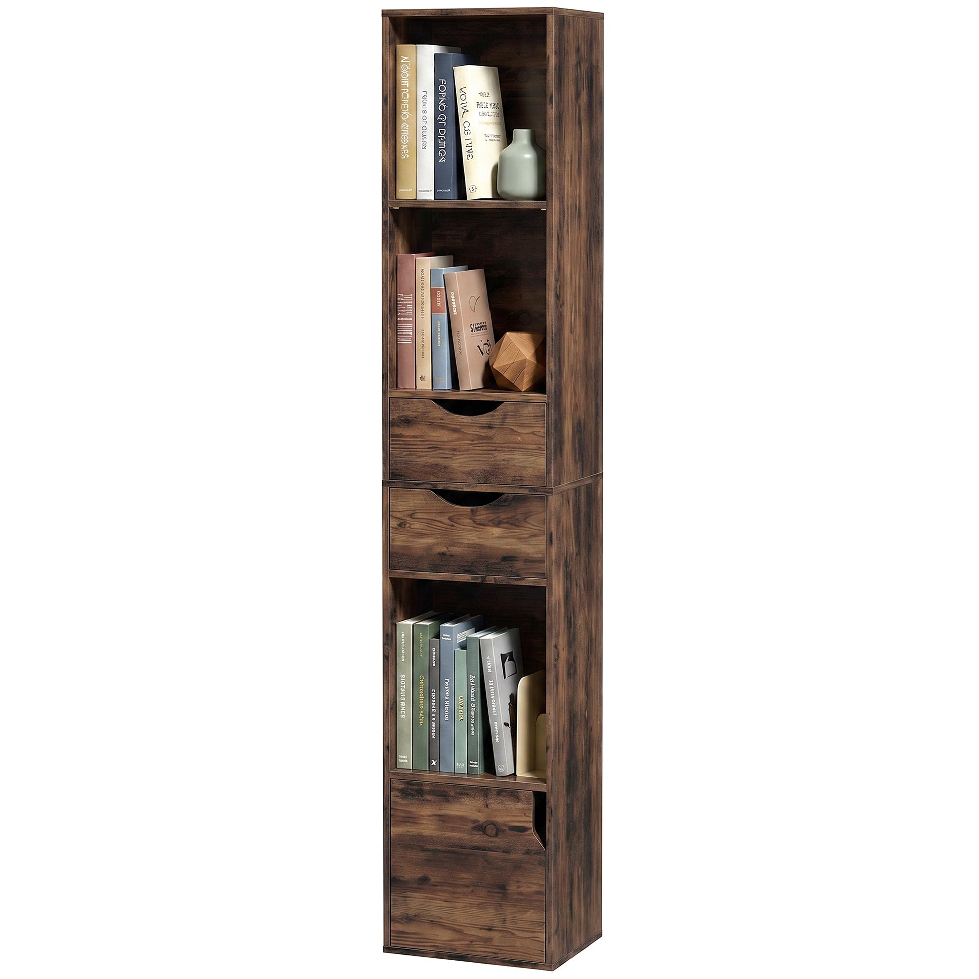 158 cm Bookcase with Drawers, 3-Tier Bookshelf, Slim Storage Cabinet with Doors, Adjustable Shelf for Living Room, Bedroom, Home Office, Rustic Brown